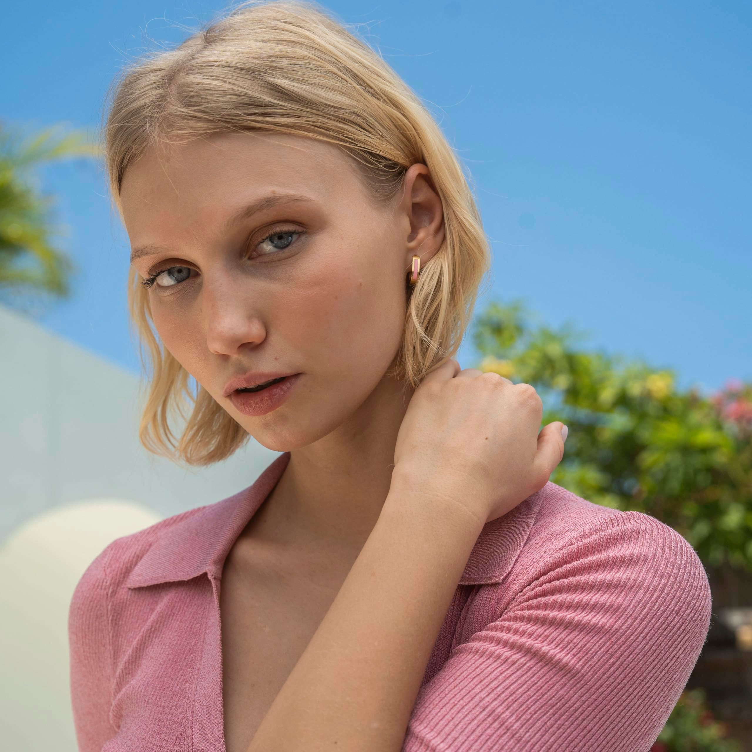Made by Nami Ohrring-Set Tropfenförmige Ohrringe Gold mit Rosa Highlight, Wasserfester Schmuck Geschenk für Sie