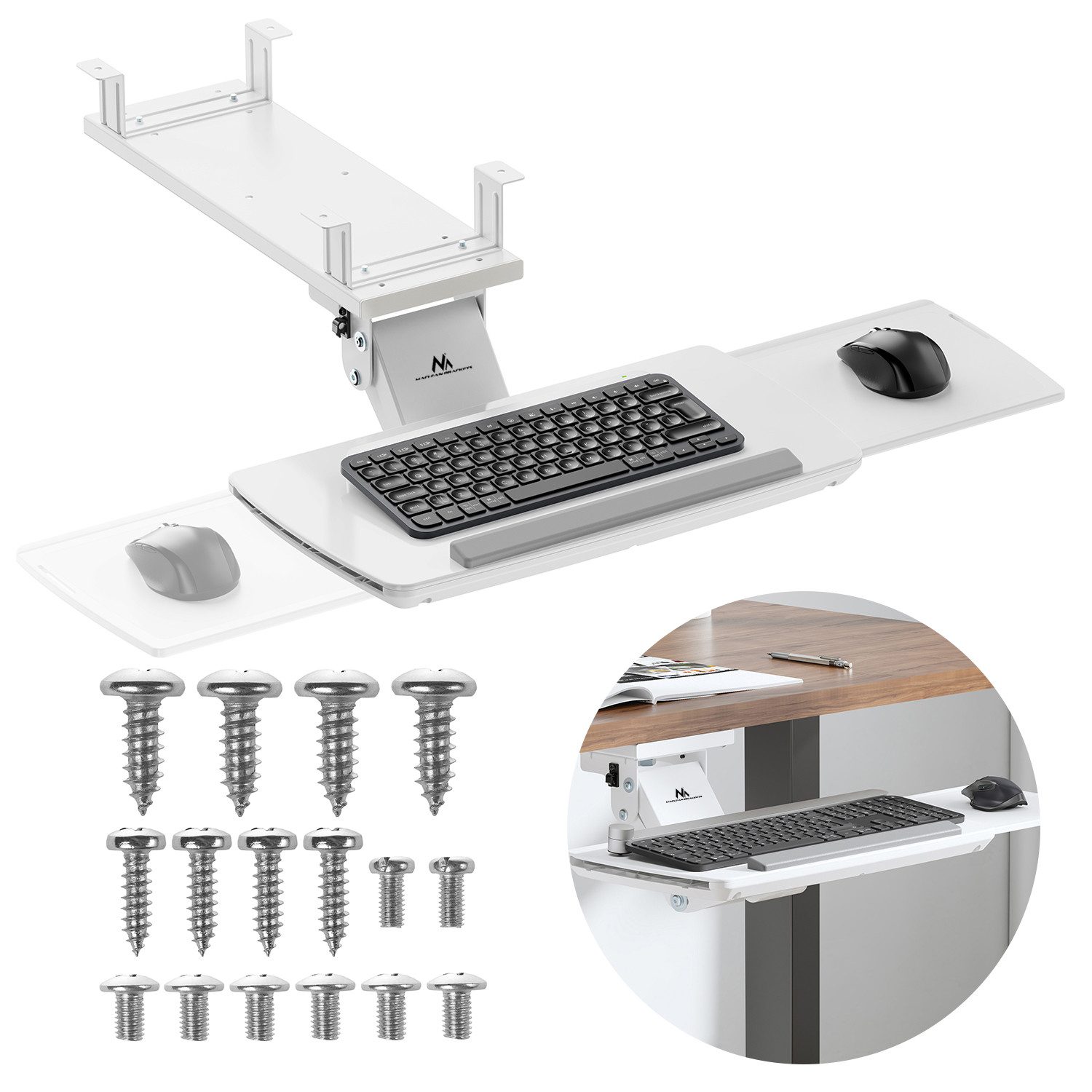 Maclean Tastaturhalterung MC-156 Untertisch-Tastaturablage, (Verstellbar, mit ausziehbarer Mausablage, max. 5 kg)