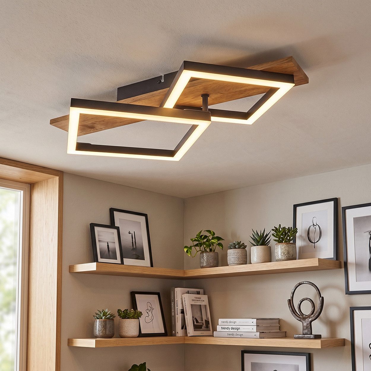 hofstein Deckenleuchte Deckenlampe aus Metall/MDF/Kunststoff in Schwarz/Holzoptik/Weiß, LED fest integriert, 3000 Kelvin, 2-flammig, 18 Watt, 2100 Lumen, 3000 Kelvin