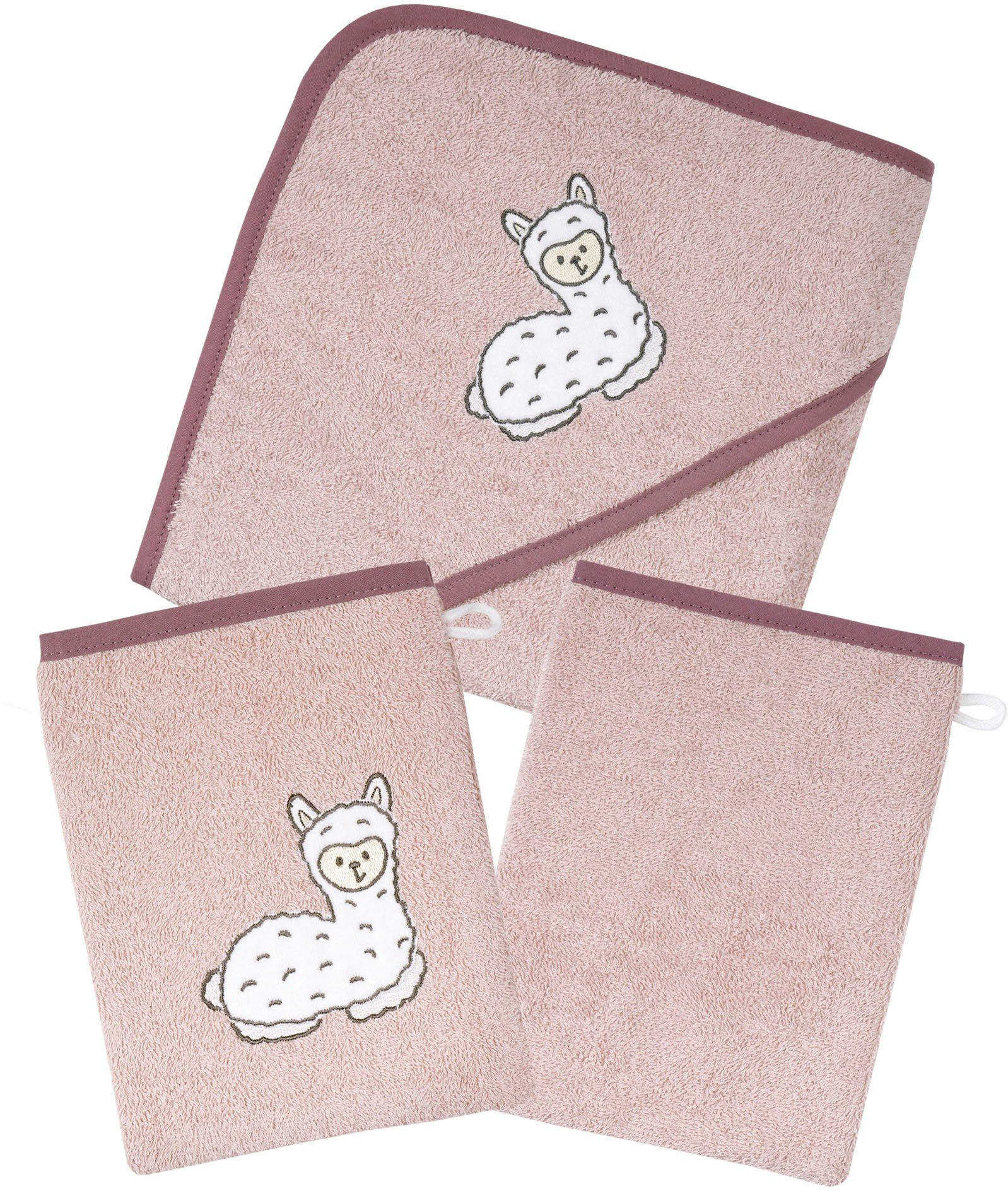 Wörner Handtuch Set Lama rosa Kapuzenbadetuch mit 2 Waschhandschuhen, Frottier, (Spar-Set, 3-tlg), mit süßer Lamastickerei
