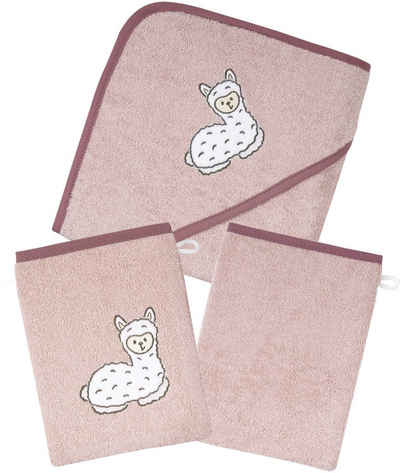 Wörner Handtuch Set Lama rosa Kapuzenbadetuch mit 2 Waschhandschuhen, Frottier (Spar-Set, 3-St), mit süßer Lamastickerei