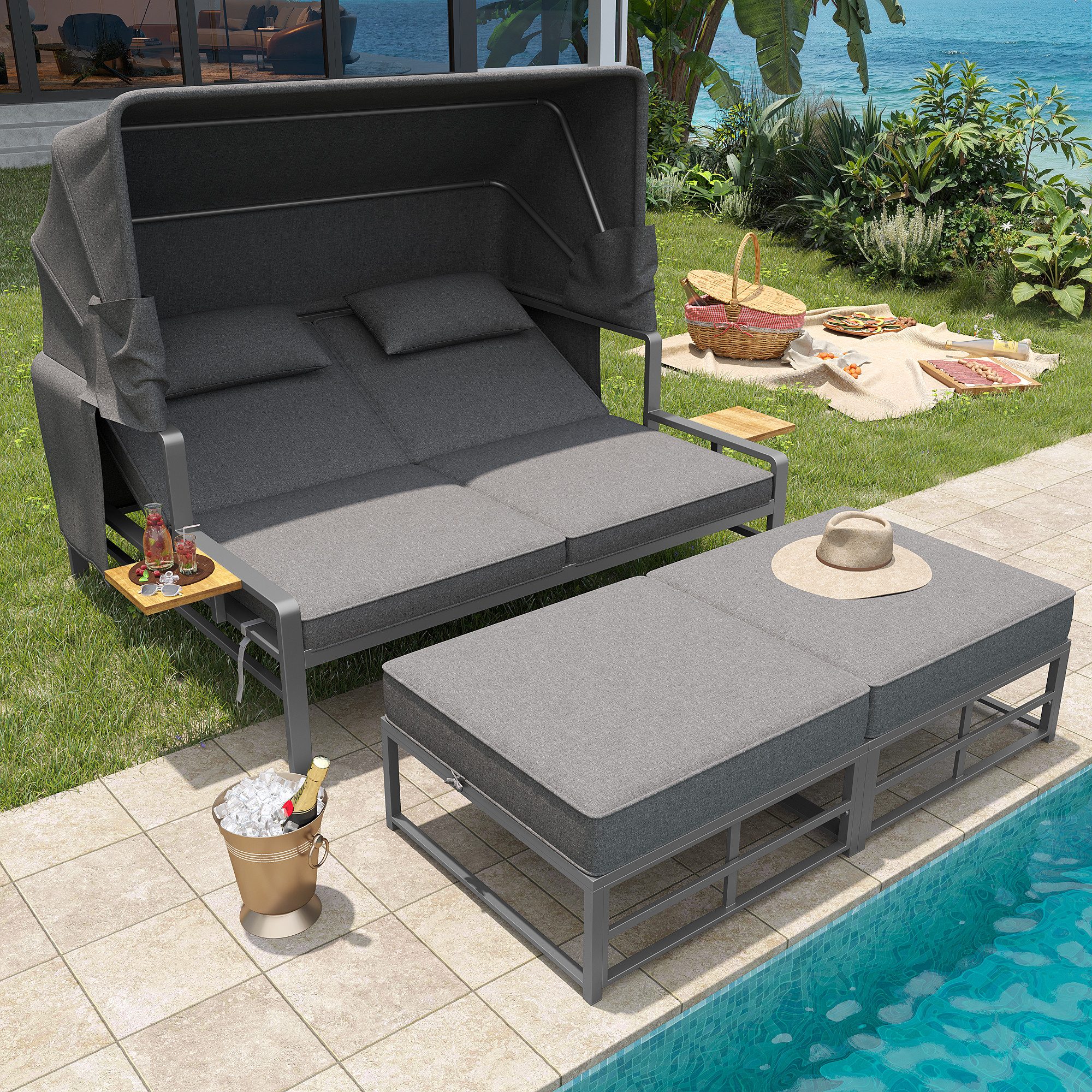 Merax Gartenliege, 3 St., Sonneninsel Sitzgruppe Gartenmöbel Gartenlounge-Set für 2-4 Personen, Doppelliege Schlafsofa Sonnenliege Set mit faltbarem Sonnenschutzdach