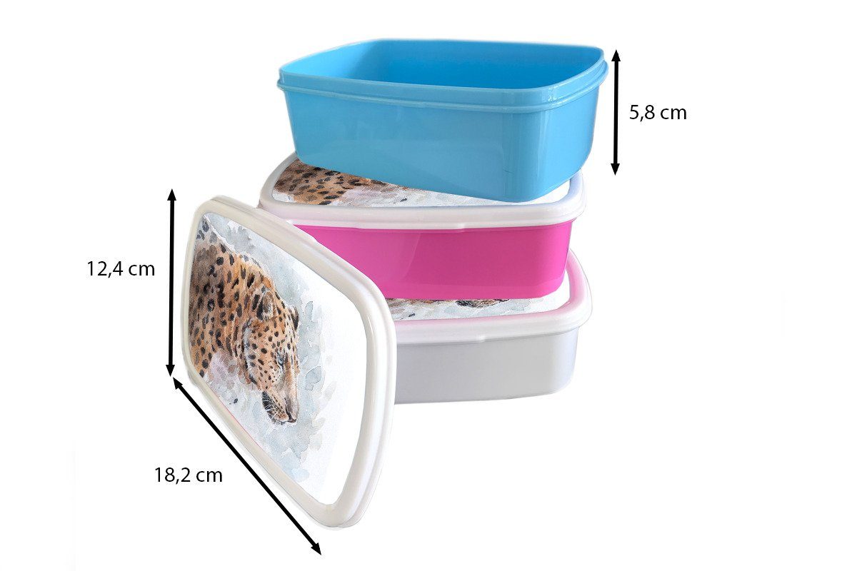 und Brotdose, - Mädchen - Lunchbox für Blau, Jungs für und Kinder MuchoWow Aquarell Kunststoff, Brotbox (2-tlg), Leopard weiß Erwachsene,