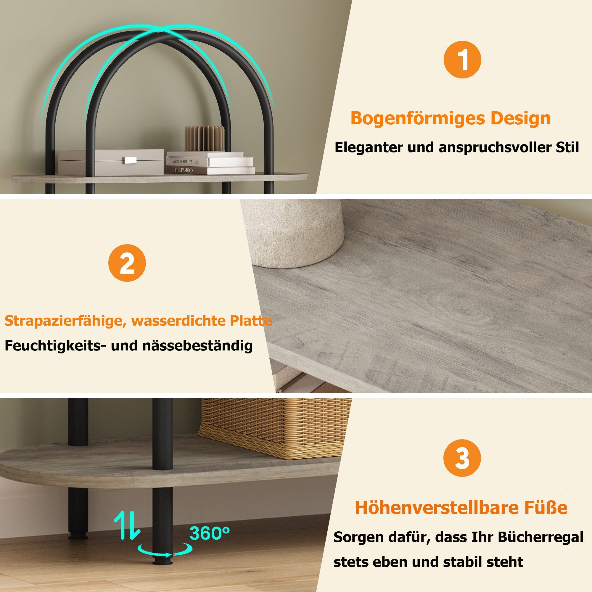 GarveeMore Bücherregal gewölbtes Bücherregal Standregal mit 5 Ebenen 80x30x180cm – Bild 4 von 5