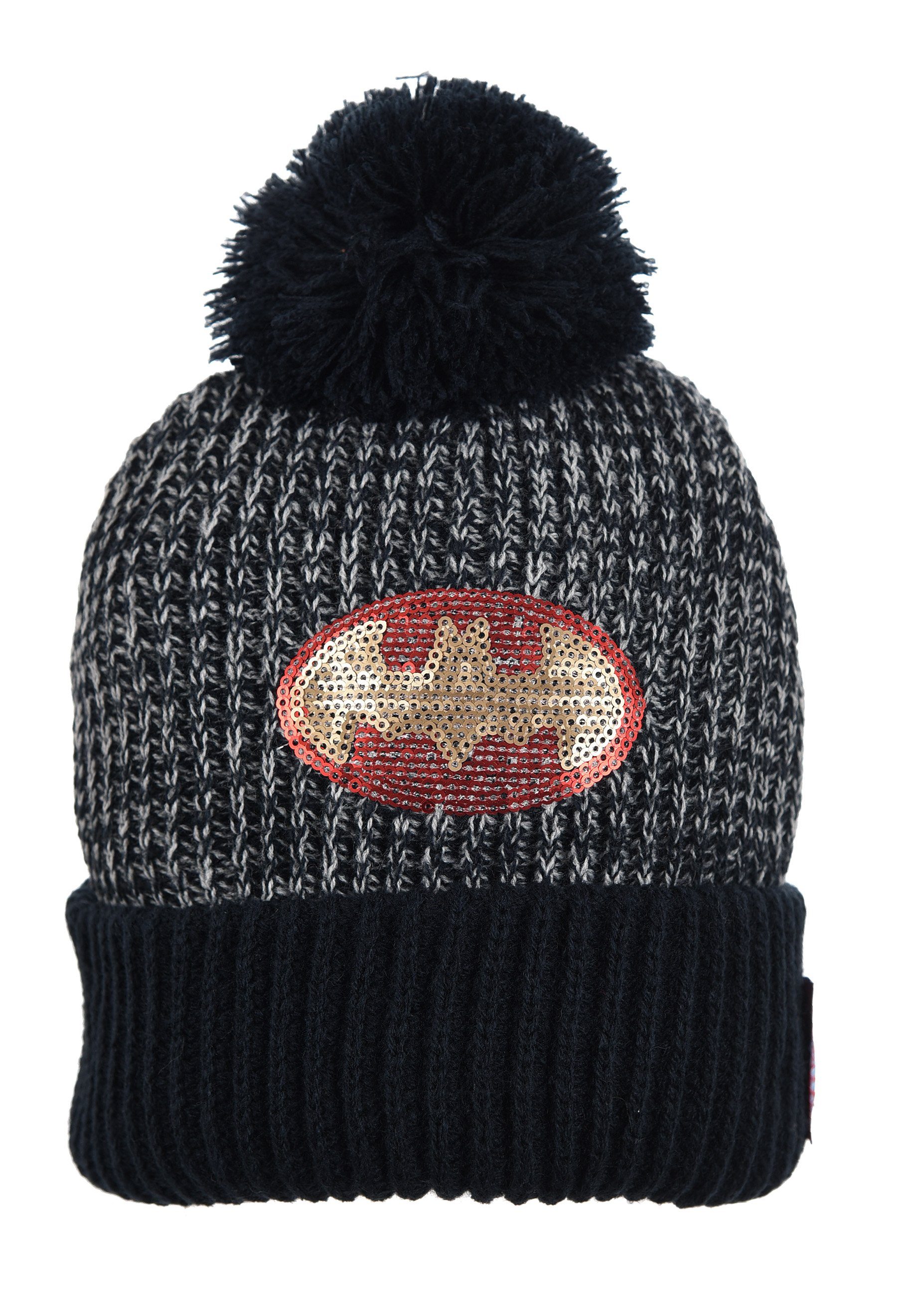 Batman Bommelmütze Spider-Man Strickmützte Winter-Mütze Bommel Logo aus Pailletten