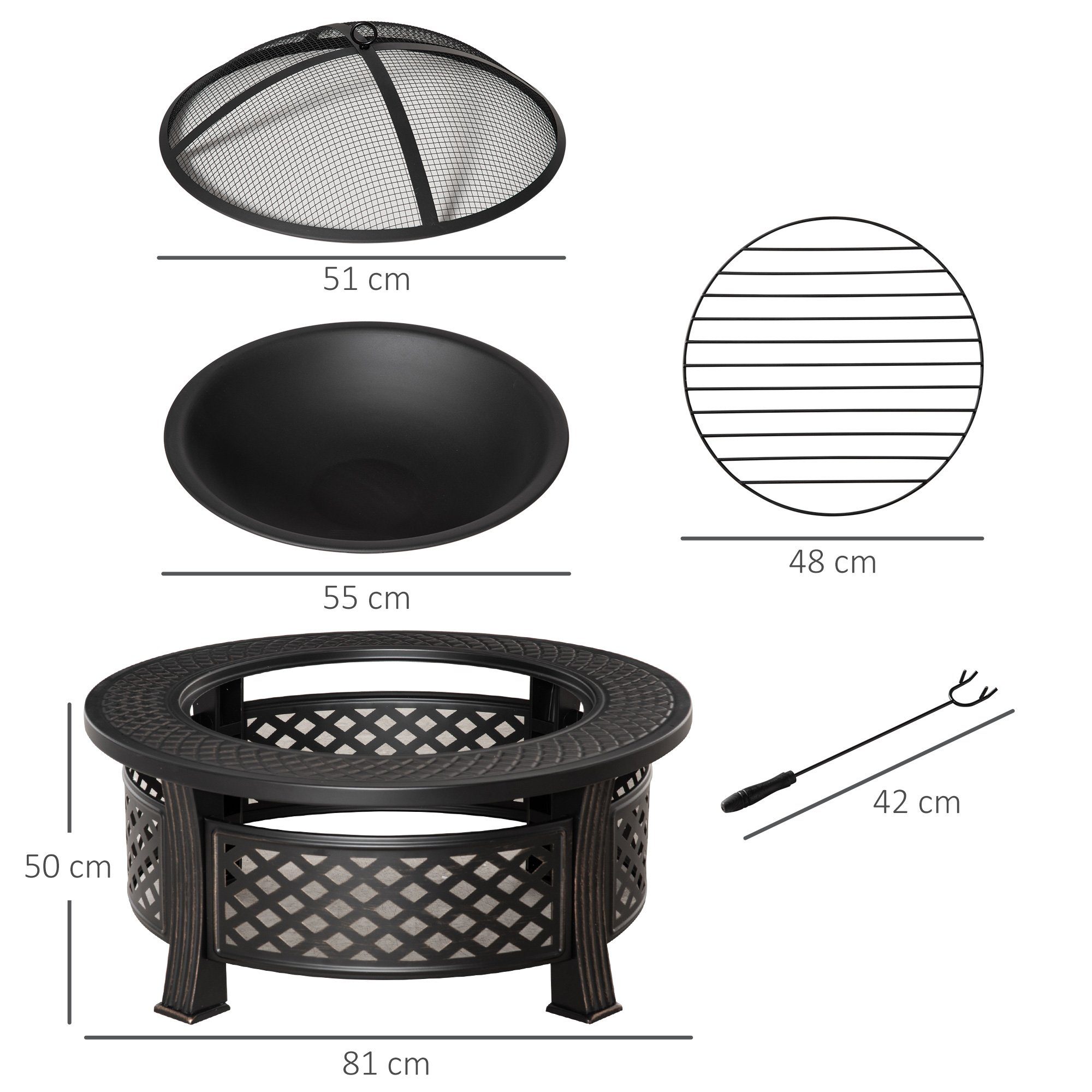 Outsunny Fire Bowl for Garden, Camping, BBQ (Spark Guard, 1 pc., Fire Bowl with Poker), Steel Black 81 x 81 x 50 cm