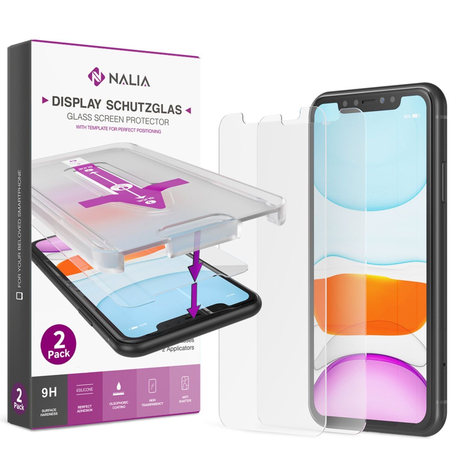 Nalia Schutzfolie Apple iPhone 11 Pro Max,Apple iPhone XS Max, 2x Schutzglas & 2x Schablone / Klarer Displayschutz / mit Applikator