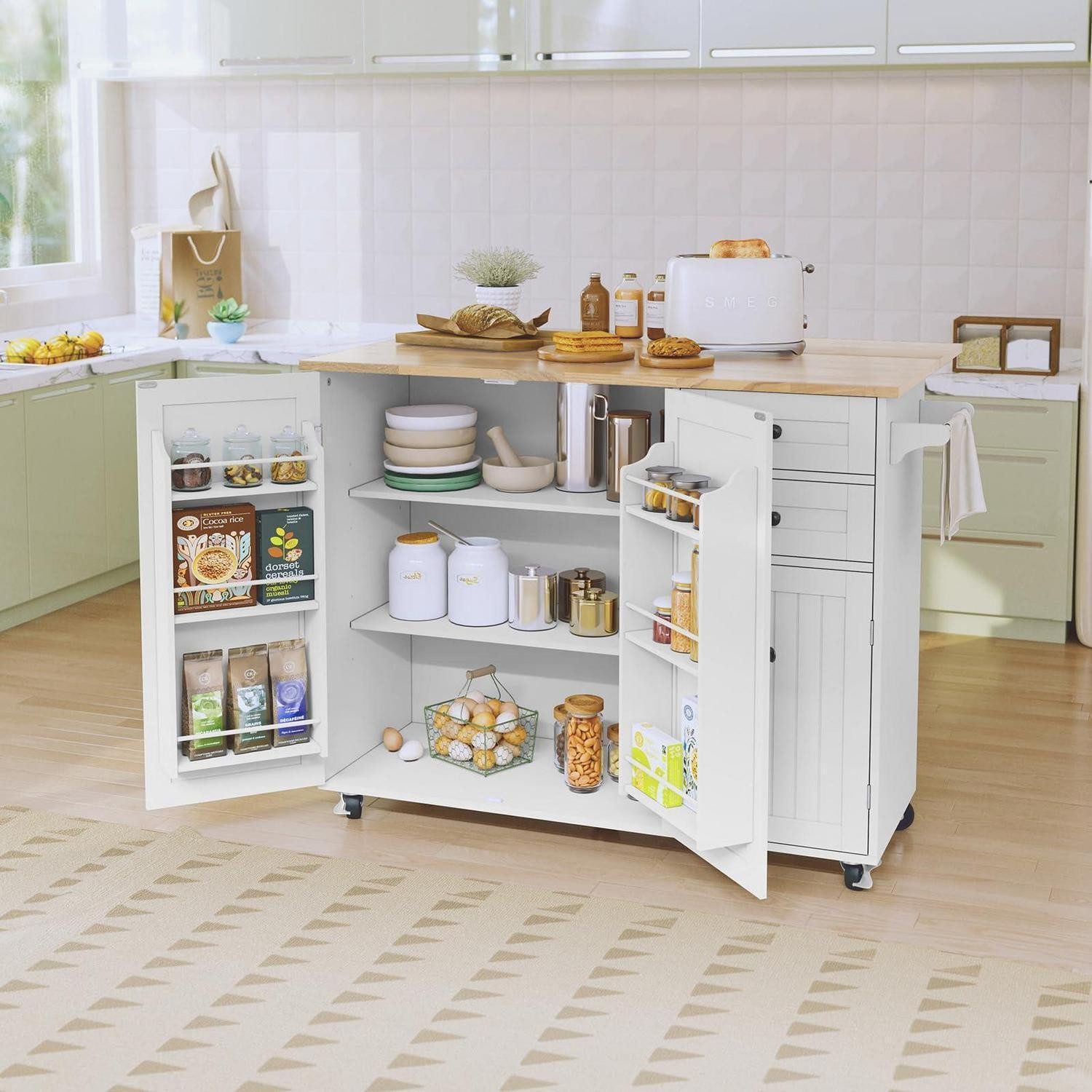 LuxusKollektion Küchenbuffet Küchenwagen Klappbar Kücheninsel Rollen Anrichte Weiß