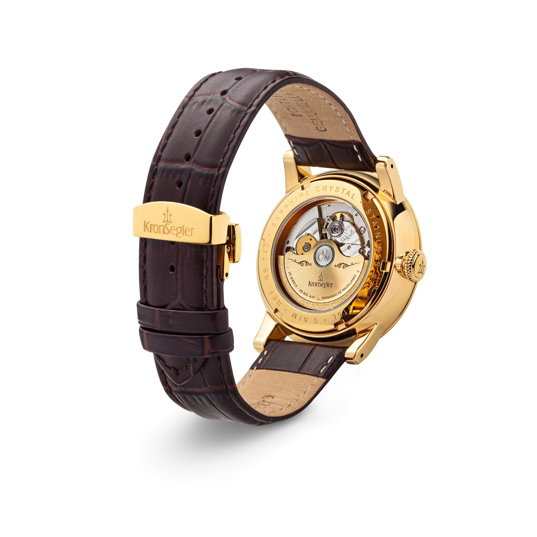 GMT Lederband, Kronsegler Herren Magallanes" mit Automatikuhr m. Armbanduhr gold-silberweiß/braun "Fernando Worldtimer de