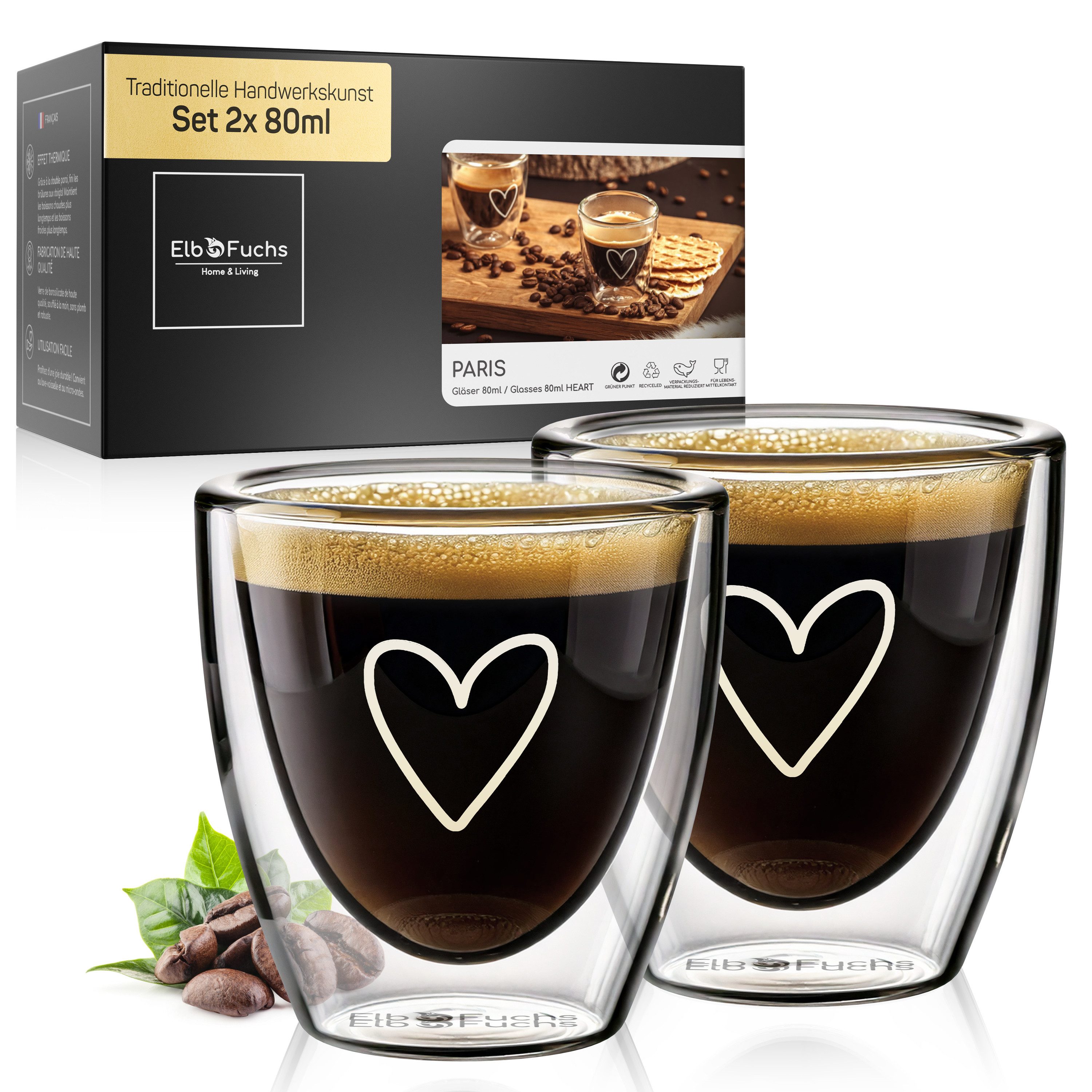 ElbFuchs Espressotasse Paris, 80 ml, Borosilikatglas, 2-tlg., Doppelwandiger Thermoeffekt