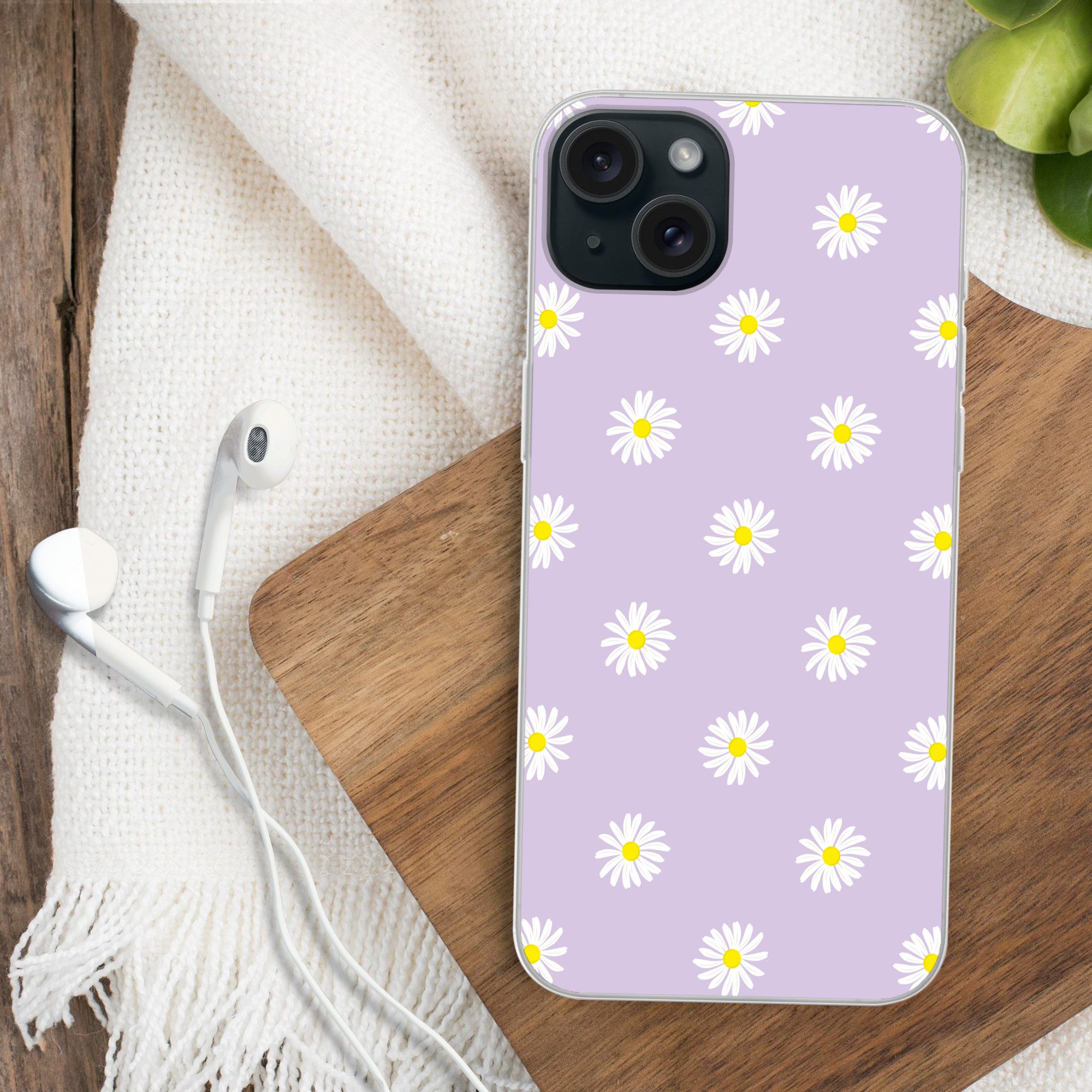 MuchoWow Handyhülle für Apple iPhone 15 Plus Gänseblümchen - Pastell - Weiß - Lila - Blume, Smartphone-Bumper, Print, Handy Schutzhülle Dünn