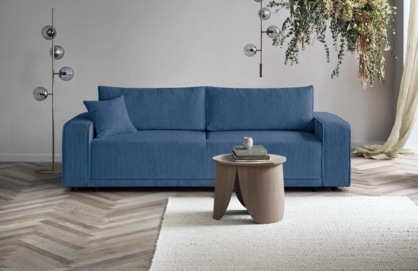 Beautysofa Schlafsofa PRIMO, modernes Design Sofa, Wellenfedern, Schlaffunktion, Bettkasten, breite Armlehnen Blau (poso 05) | Kindersofas