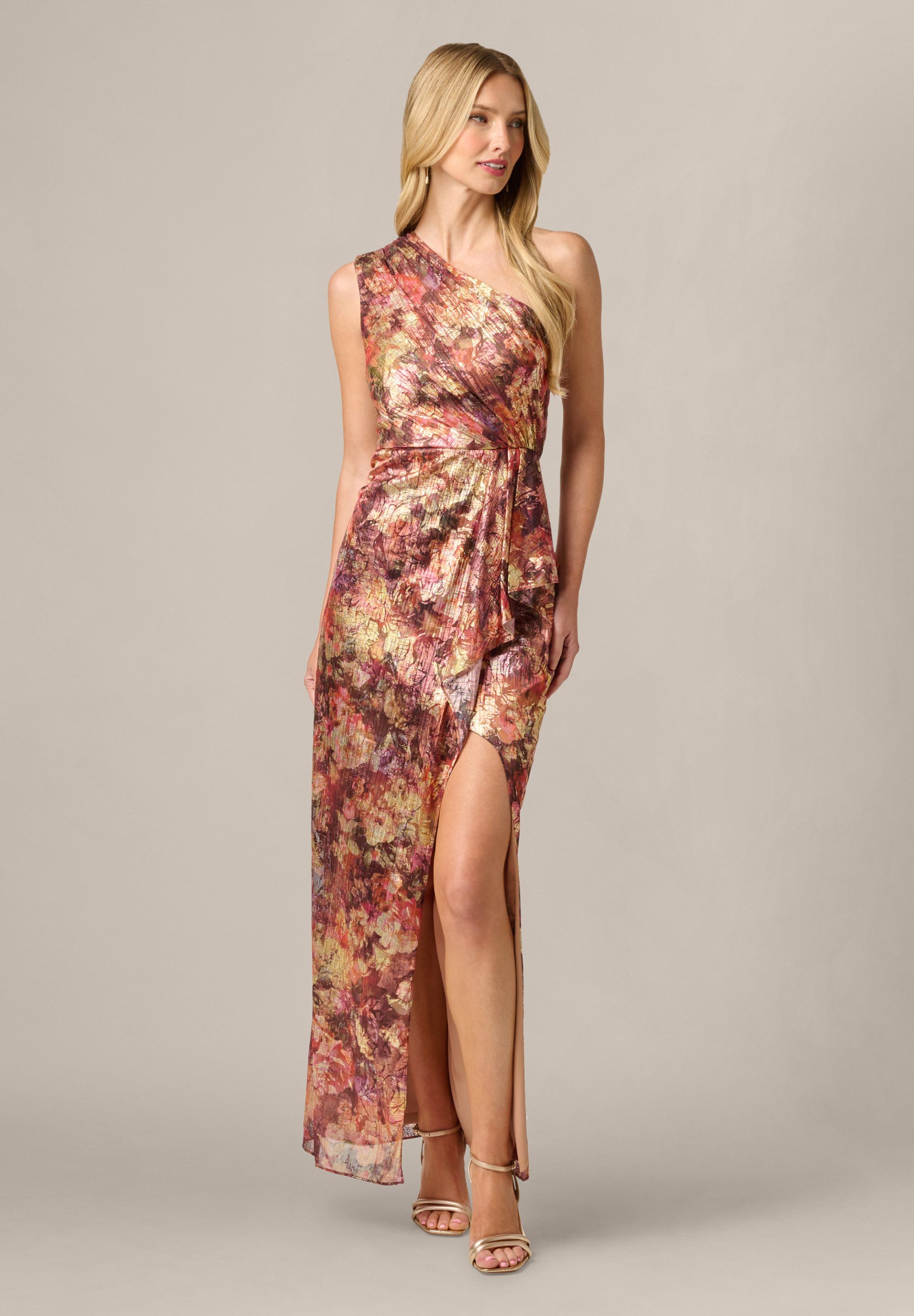 Adrianna Papell Abendkleid Metallic Crinkle Gown Weiches, schimmerndes Kleid mit floralen Metallic-Crinkle-Muster