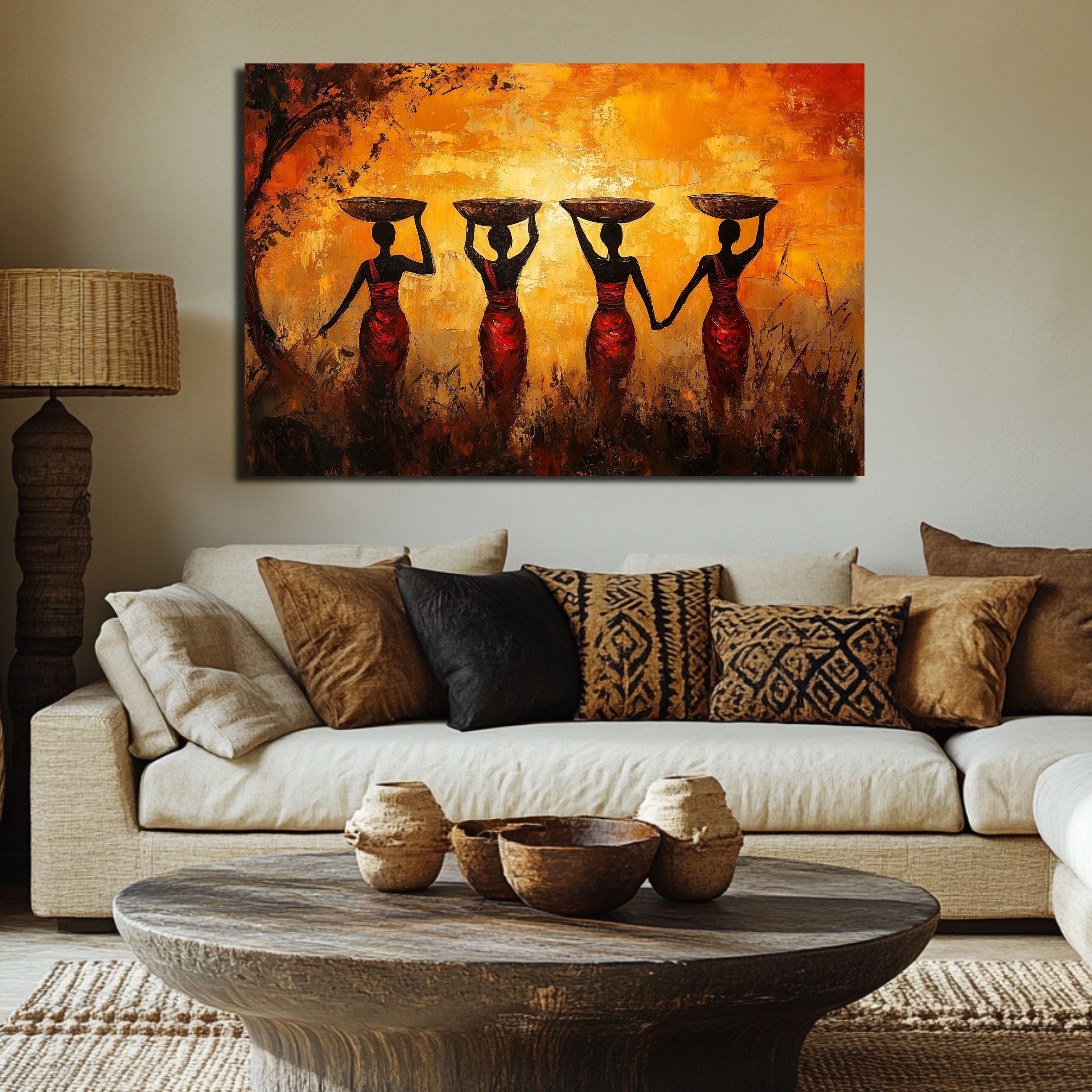 DARO Design Leinwandbild Modern Abstrakt Wandbilder XXL Wandbild Wand Deko Leinwand Bilder, (Frauen beim Wasserholen - Bild Groß Wohnzimmer Schlafzimmer Küche Esszimmer Einteilig Querformat Fotodruck Leinwände Wanddeko Abstrakte Kunst Boho), 40x30cm