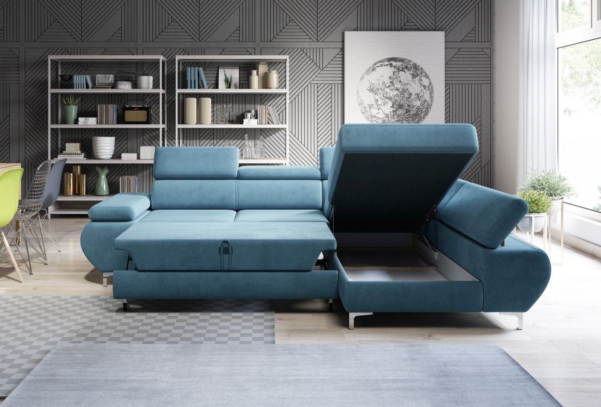 Sofa Dreams Ecksofa Armlehnen Strukturstoff, L-Form, Bettkasten, mit mit Erfurt verstellbaren Bettfunktion, verstellbaren mit hellblau, Kopfstützen, mit
