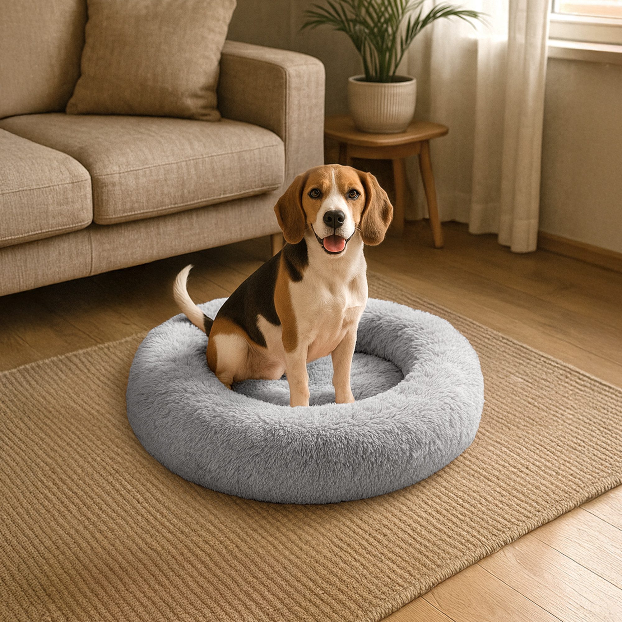belviona Tierbett in Donut-Form mit ergonomischen Rand, 80 cm Durchmesser, hellgrau, Polyester, Schlafen wie auf Wolken, mit weicher Füllung, Anti-Rutsch
