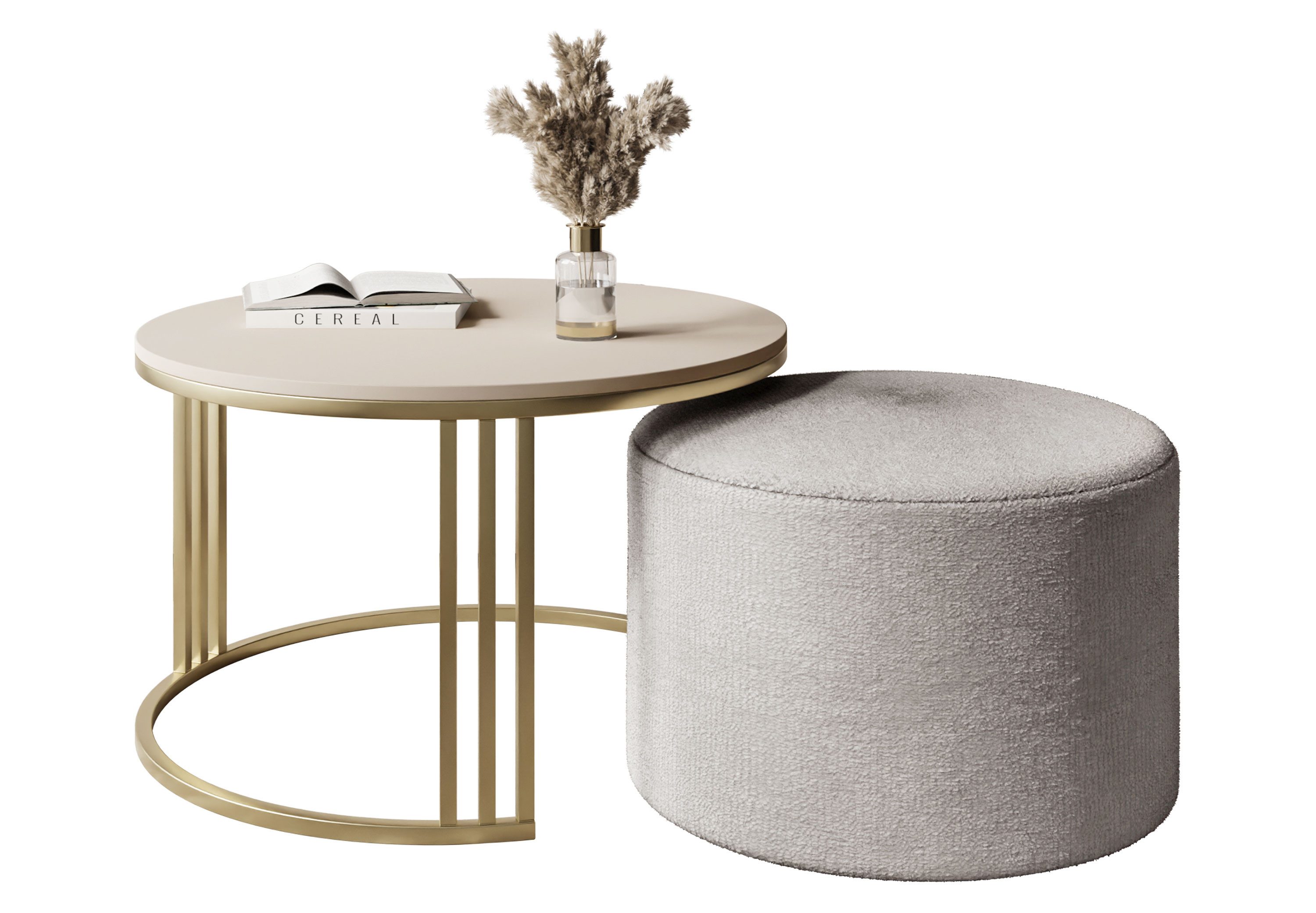 Lookway Couchtisch LORI MATT mit Hocker auf einem gebürsteten goldenen Gestell (1 Tisch mit Hocker), Durchmesser: ⌀70 cm