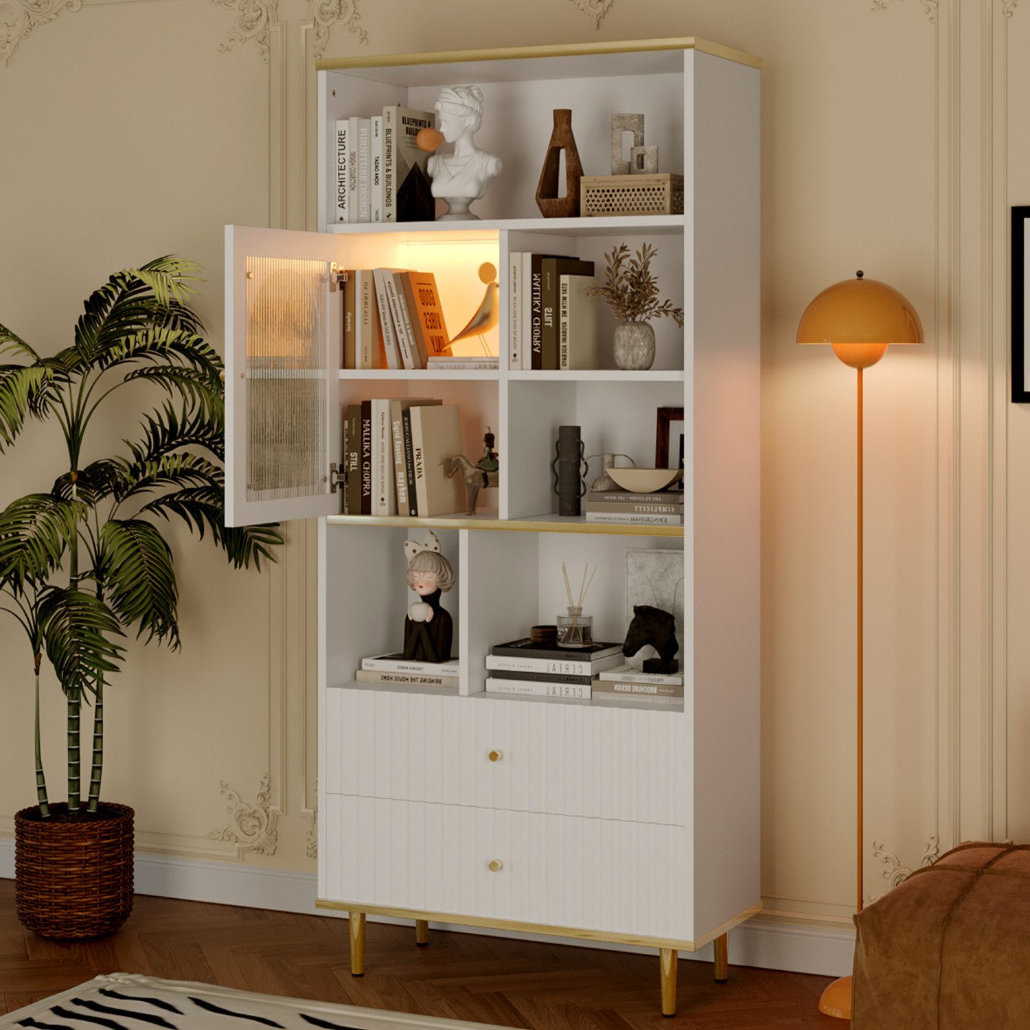 Flieks Bücherregal mit LED-Beleuchtung, Glastüren und Schubladen Weiß, mit günstig online kaufen