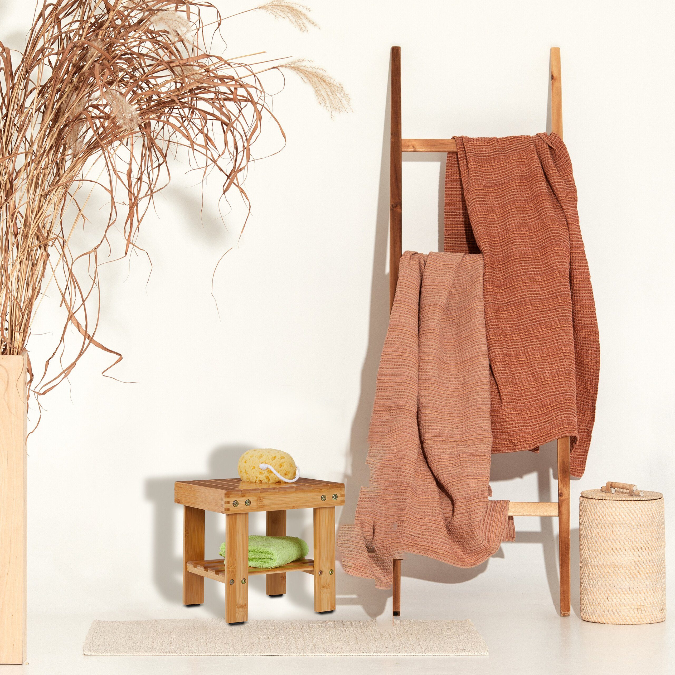 relaxdays Badhocker Bambus Badhocker mit Zusatzablage