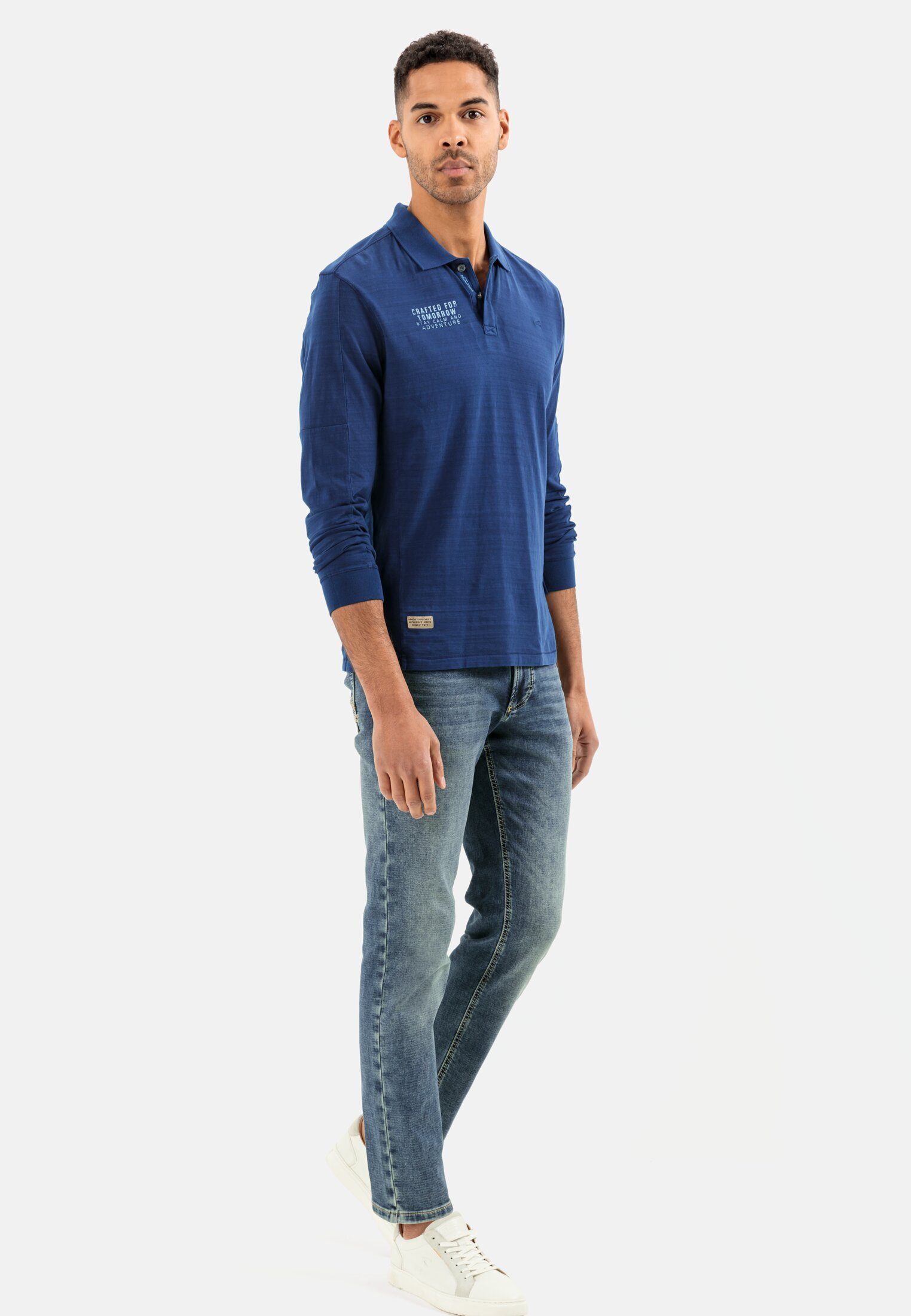 Poloshirt aus reiner Baumwolle Shirts_Langarm-Poloshirt active camel Blau