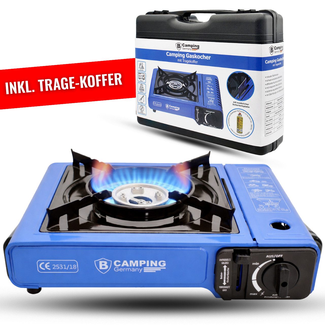 bahama Gaskocher für Gas Kartuschen 227g mobiler Camping Kocher Outdoor 1-flammig, (Butangaskocher Gasherd, 1-St), Campingkocher Kartuschenkocher 1-flammig mit Trage-Koffer