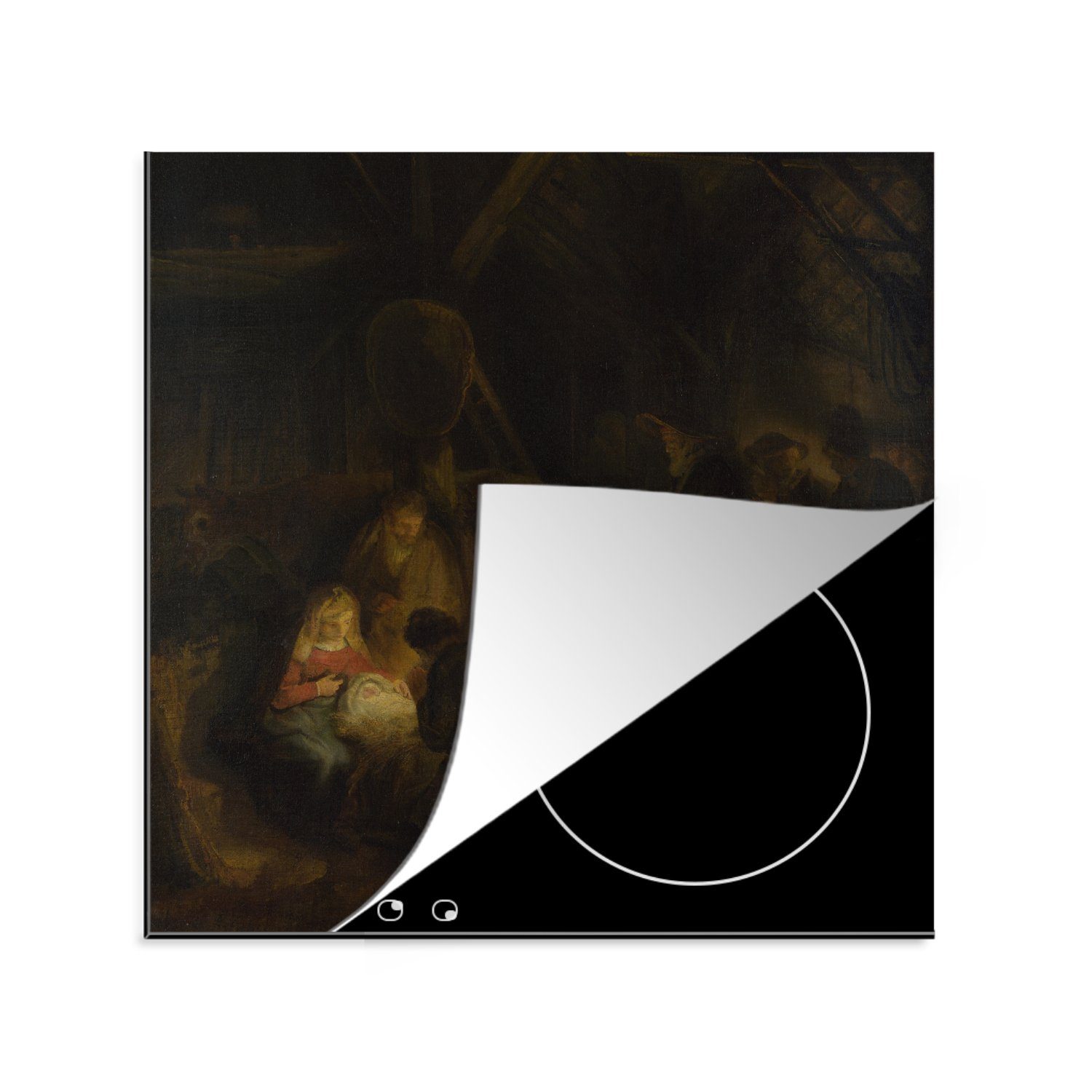 MuchoWow Herdblende-/Abdeckplatte Anbetung der Hirten - Gemälde von Rembrandt van Rijn, Vinyl, (1 tlg), 78x78 cm, Ceranfeldabdeckung, Arbeitsplatte für küche