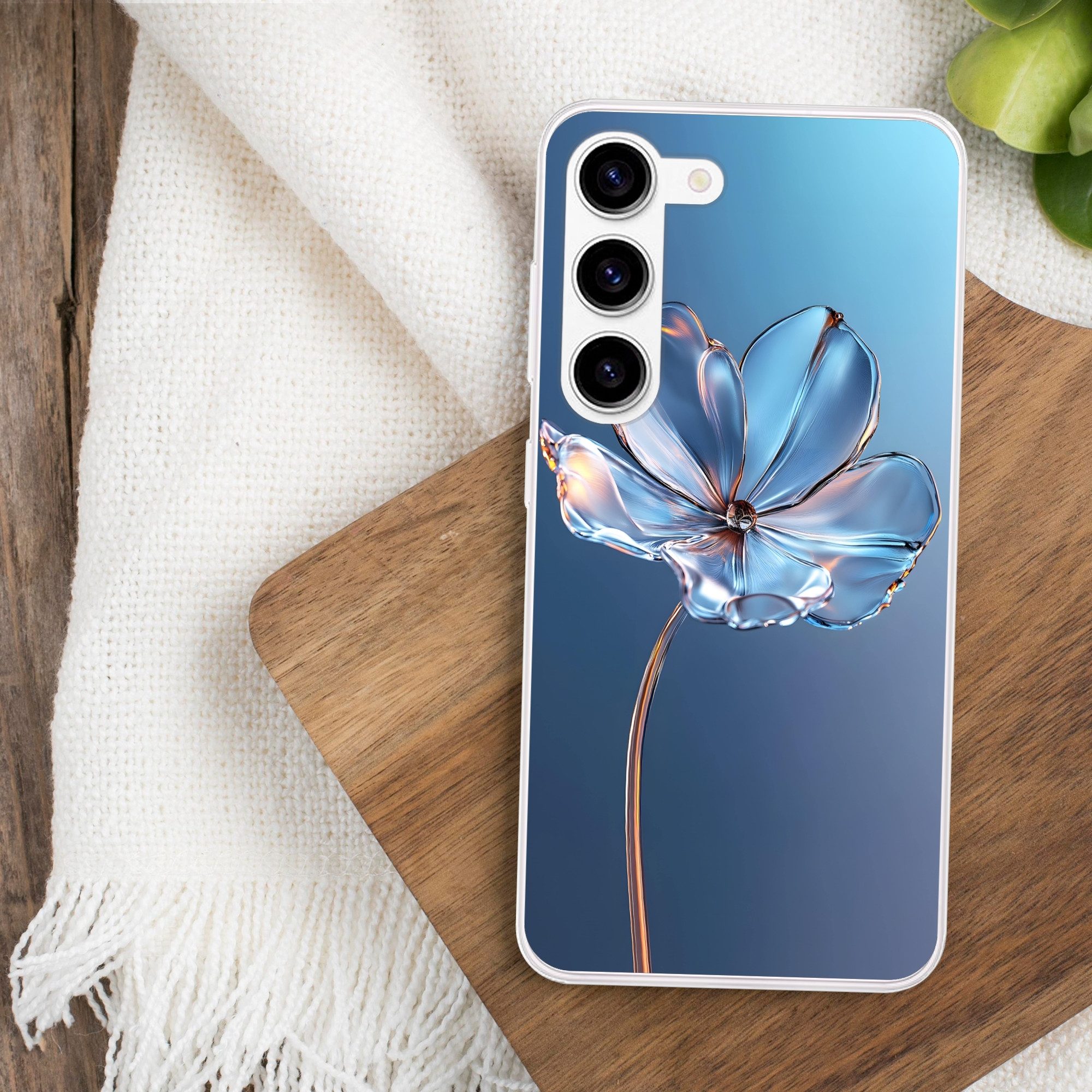 MuchoWow Handyhülle für Samsung Galaxy S23 Blau - Blume - Gläser - Verziert, Phone Case, Silikon, Schutzhülle Dünn