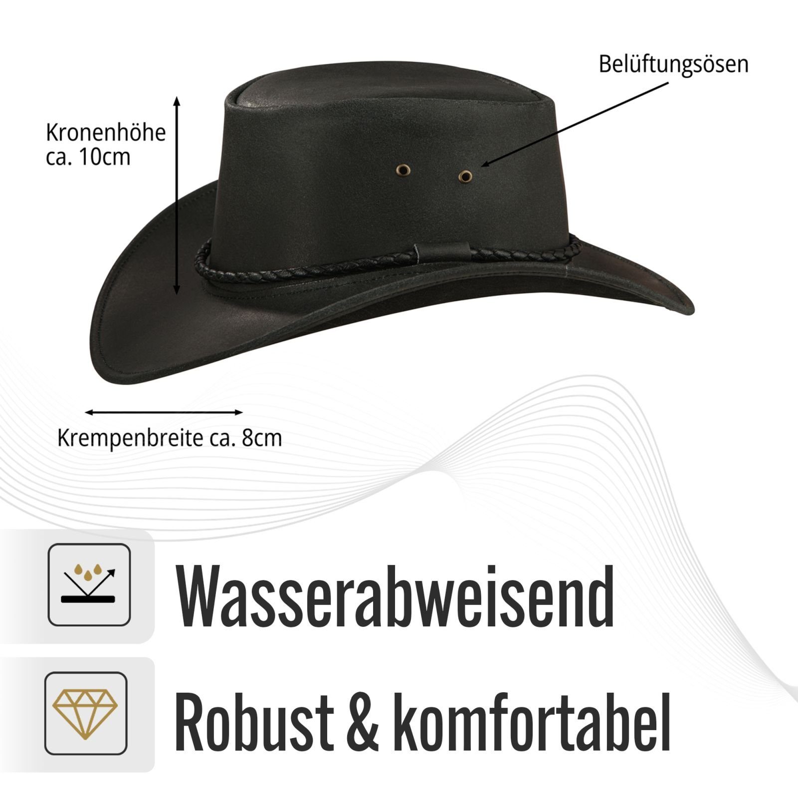 BLACK FOREST FOX Cowboyhut Western Cowboy Rindsleder Hut Herren JERO in 3 Farben Schwarz Größe L