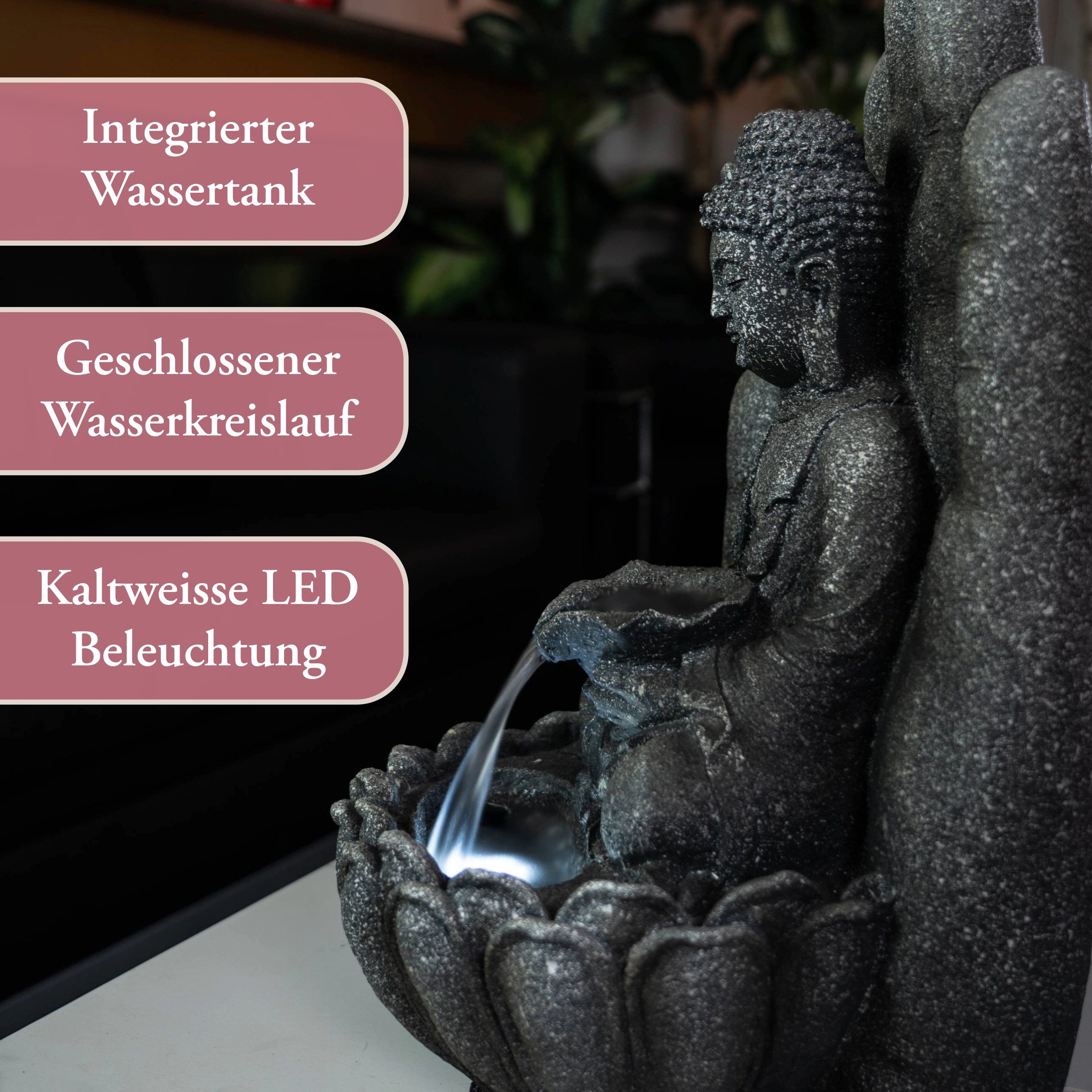 INTERGARDEN Water Feature Indoor Fountain Medium Size - Buddha 55cm with Lighting, 35.5cm Wide