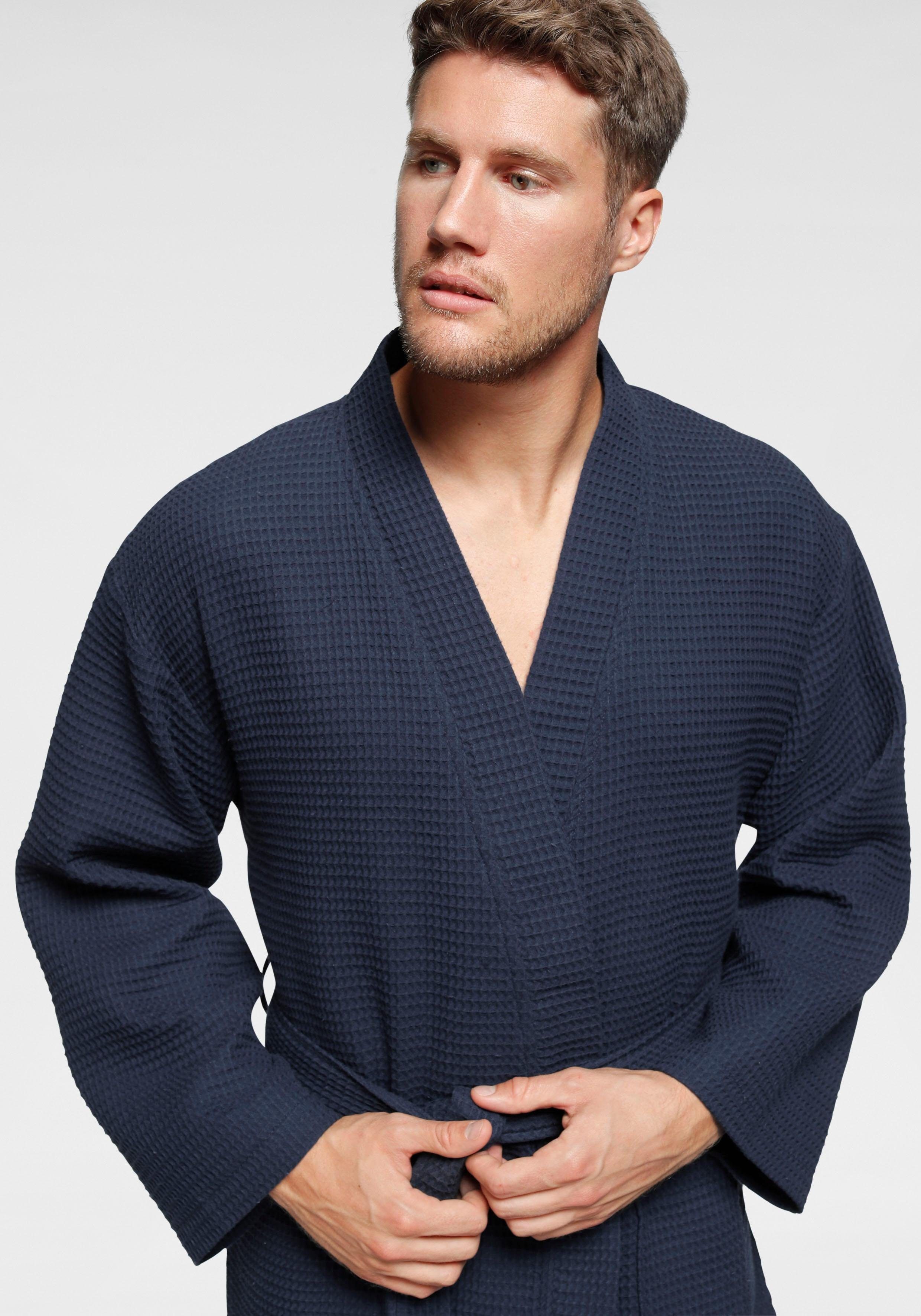 my home Unisex-Bademantel Nora, ideal für Sauna & Spa, Hotelbademantel, Morgenmantel, Kurzform, Waffelpiqué, Kimono-Kragen, Gürtel, Damen & Herren, Kimono-Kragen, Waffelpiqué, Baumwolle, Reisebademantel