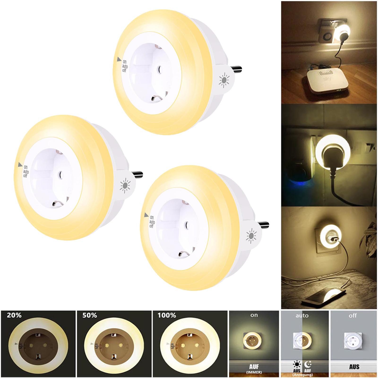 MUPOO LED Nachtlicht Steckdosen Nachtlicht Dimmbar Wandsteckdose 3 Modi Dämmerungssensor, WarmWeiß, 3 Helligkeit & Auto/AUF/AUS, LED fest integriert, Steckdose Erweitern für Flur,Kinderzimmer,Küche,Treppenhaus