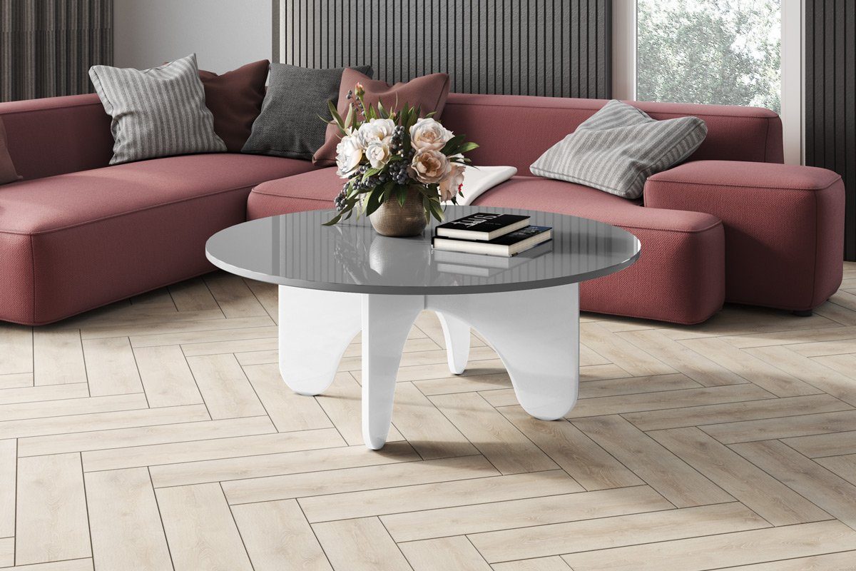 designimpex Couchtisch Design HRL-111 Hochglanz Wohnzimmertisch Rund Tisch 100 cm x 40 cm Grau Hochglanz / Weiß Hochglanz