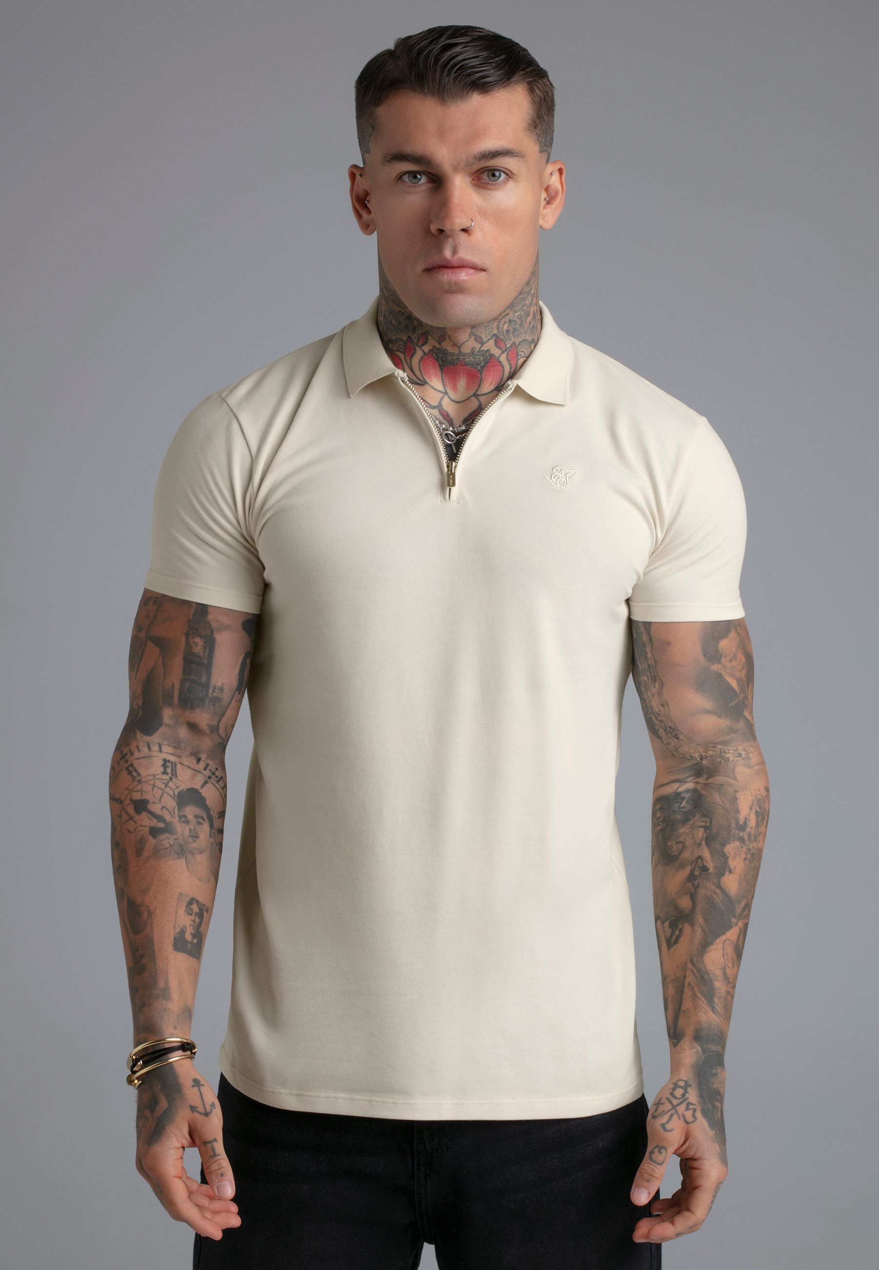 T-Shirt SikSilk Herren Ecru Zip-Polo T-Shirt