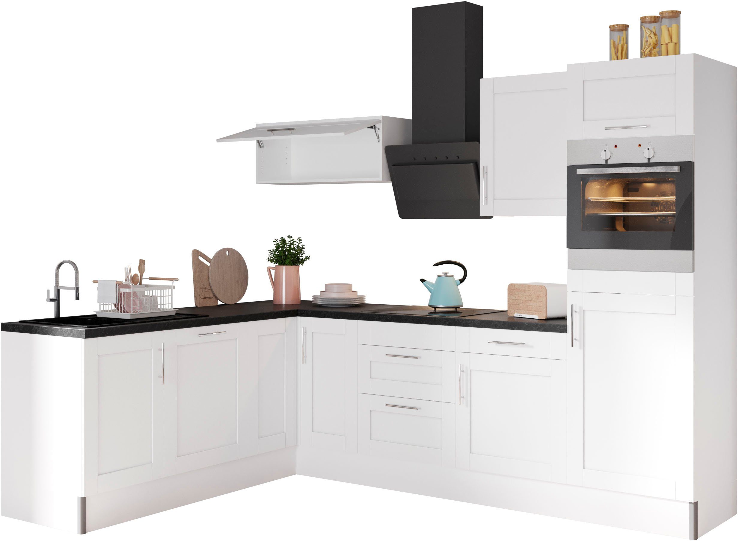 OPTIFIT Küche Ahus, 200 x 270 cm breit, ohne E-Geräte, Soft Close Funktion, MDF Fronten schwarz|weiß