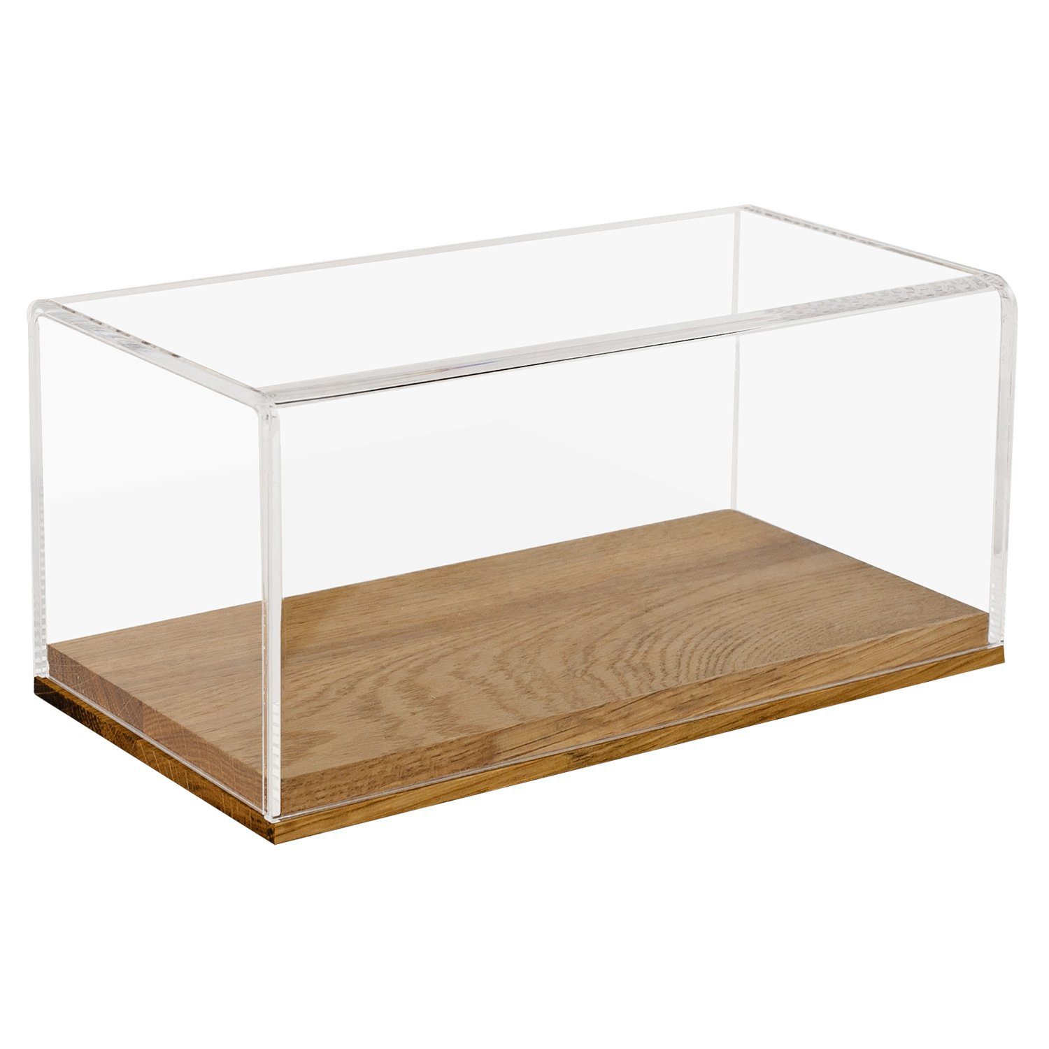 HMF Vitrine elegante Acryl Glasvitrine, transparente Sammlerbox für Sammelstücke Schaukasten aus Acryl mit Holzsockel für Modellautos, 24x12x11cm