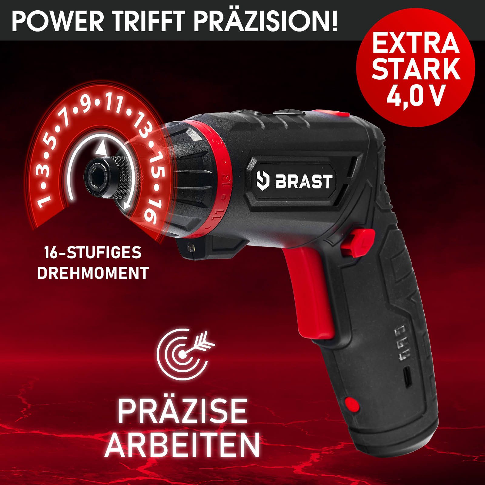 BRAST Akku-Bohrschrauber 4,0V / 2Ah Li-Ion-Akku, 54 Chrom-Vanadium-Bits, schwenkbarer Kopf, (USB-C Ladekabel, integrierter Akku & Überlastschutz), LED-Arbeitslicht + Taschenlampe