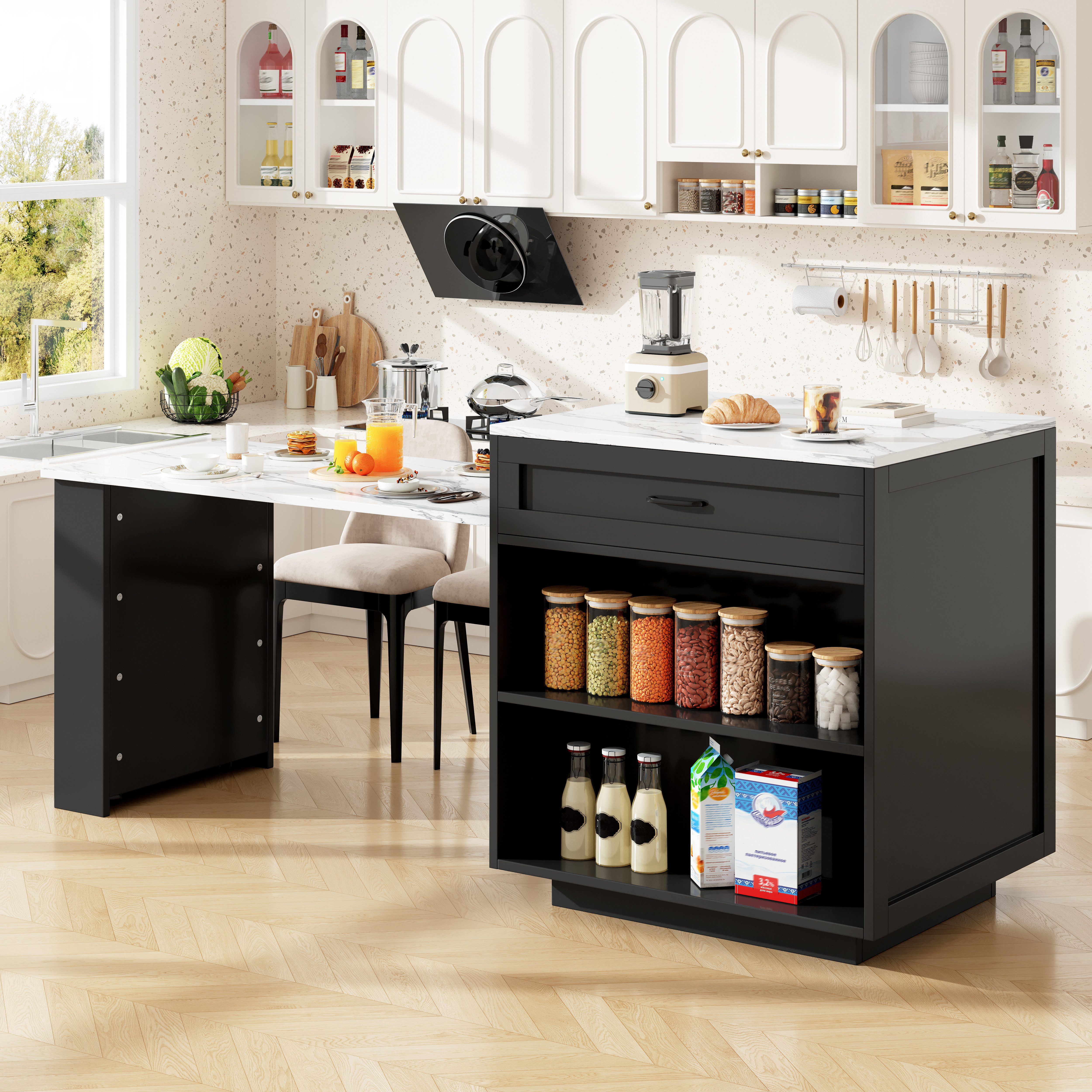 HAUSS SPOLE Bartisch Ausziehbar mit zwei Schublade,Stehtisch Kücheninsel für 2-6 Personen (Kücheninsel-Ausziehtisch für 2-6 Personen), Stehtisch mit Stauraum (133-202×70×93,5cm)