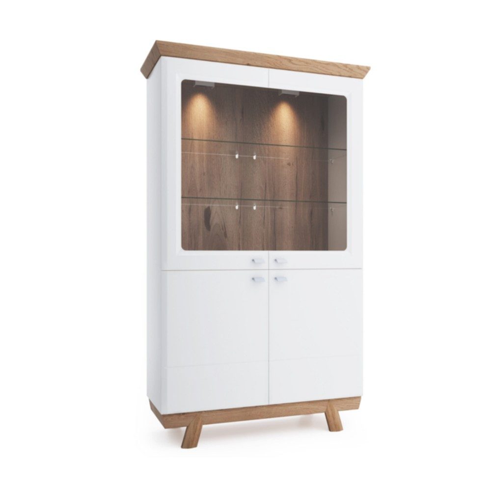 JVmoebel Kleiderschrank Aspen Weiße Vitrine aus Massivholz mit beigen Holzfüßen (1-St) Made in Europa