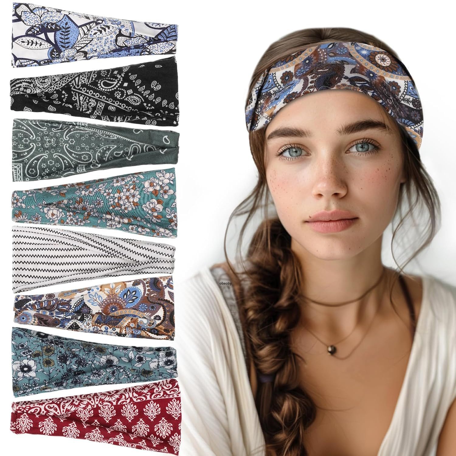 AFKSMILE Haarband 8 Stück Haarbänder Damen, Elastisches Boho Stirnband Print Haarschmuck, Breites Kopfband Weiches Haarband Mehrfarbig Blumendruck für Lauf Yoga