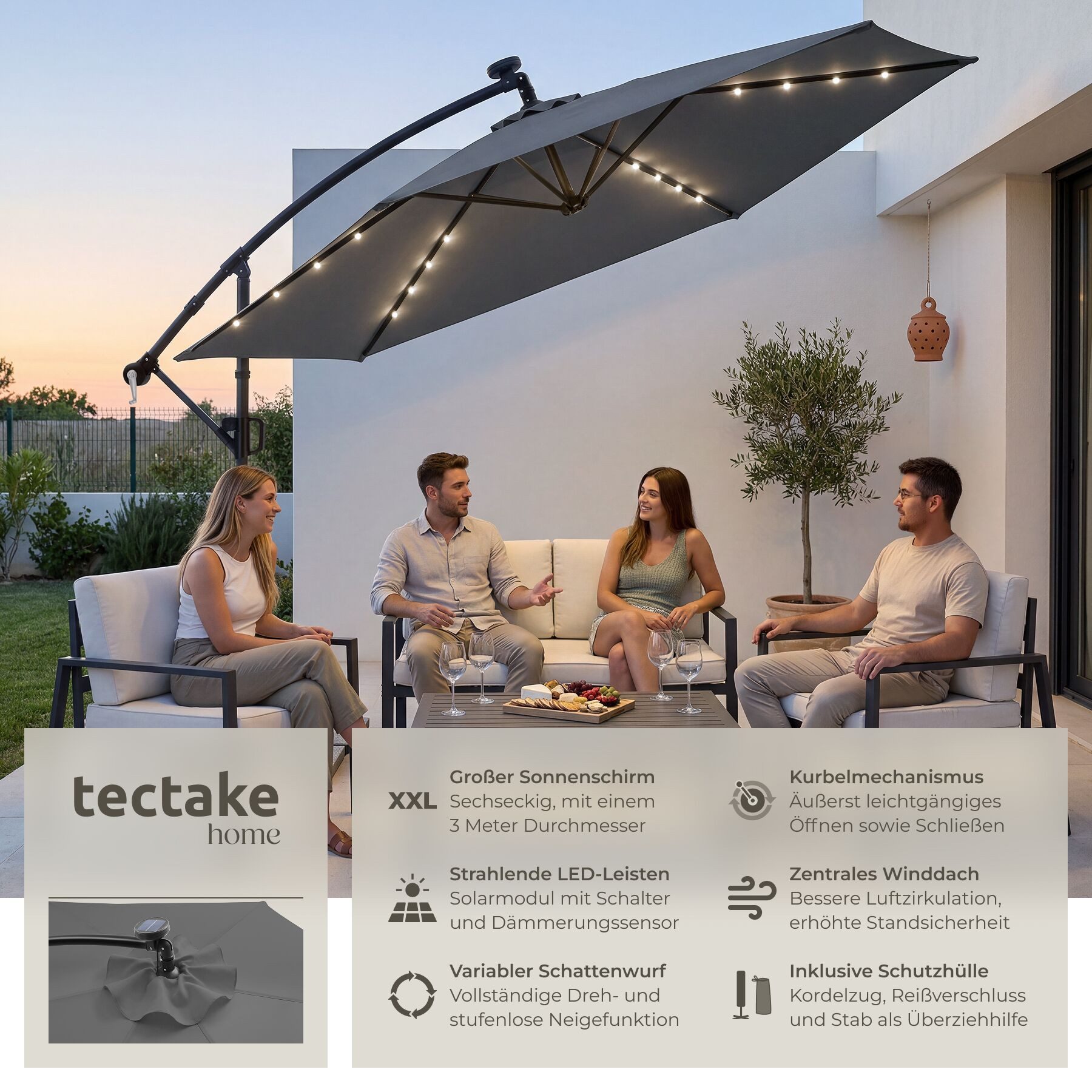 tectake Ampelschirm Sonnenschirm mit Doppeldach und LED Solar-Beleuchtung, 3 x 3 m, Balkonschirm Artemis, für Außen in Grau, 360° drehbar, wasserabweisend, neigbar, Kurbel, inkl. Schutzhülle