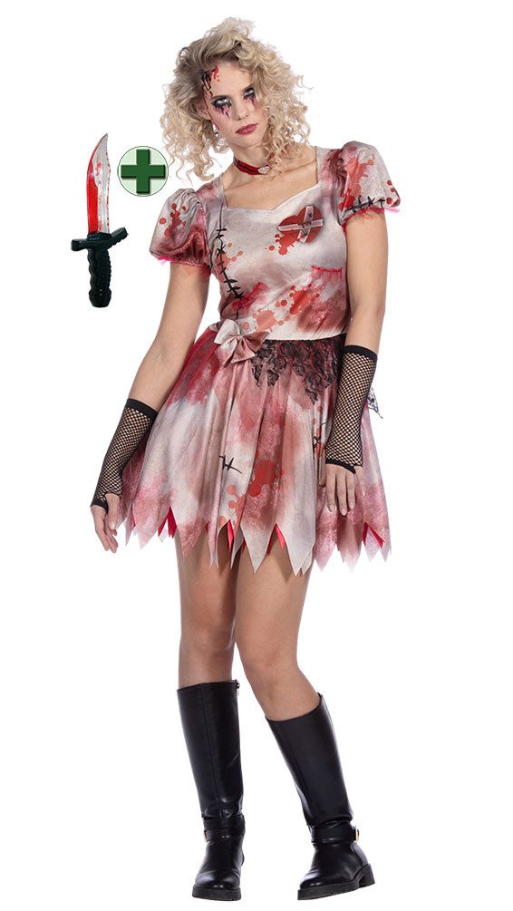 Karneval-Klamotten Zombie-Kostüm Damen blutiges Kleid inkl. Messer Halloween, Frauenkostüm Zombiekostüm Halloween Horrorkleid Blutspritzer-Print