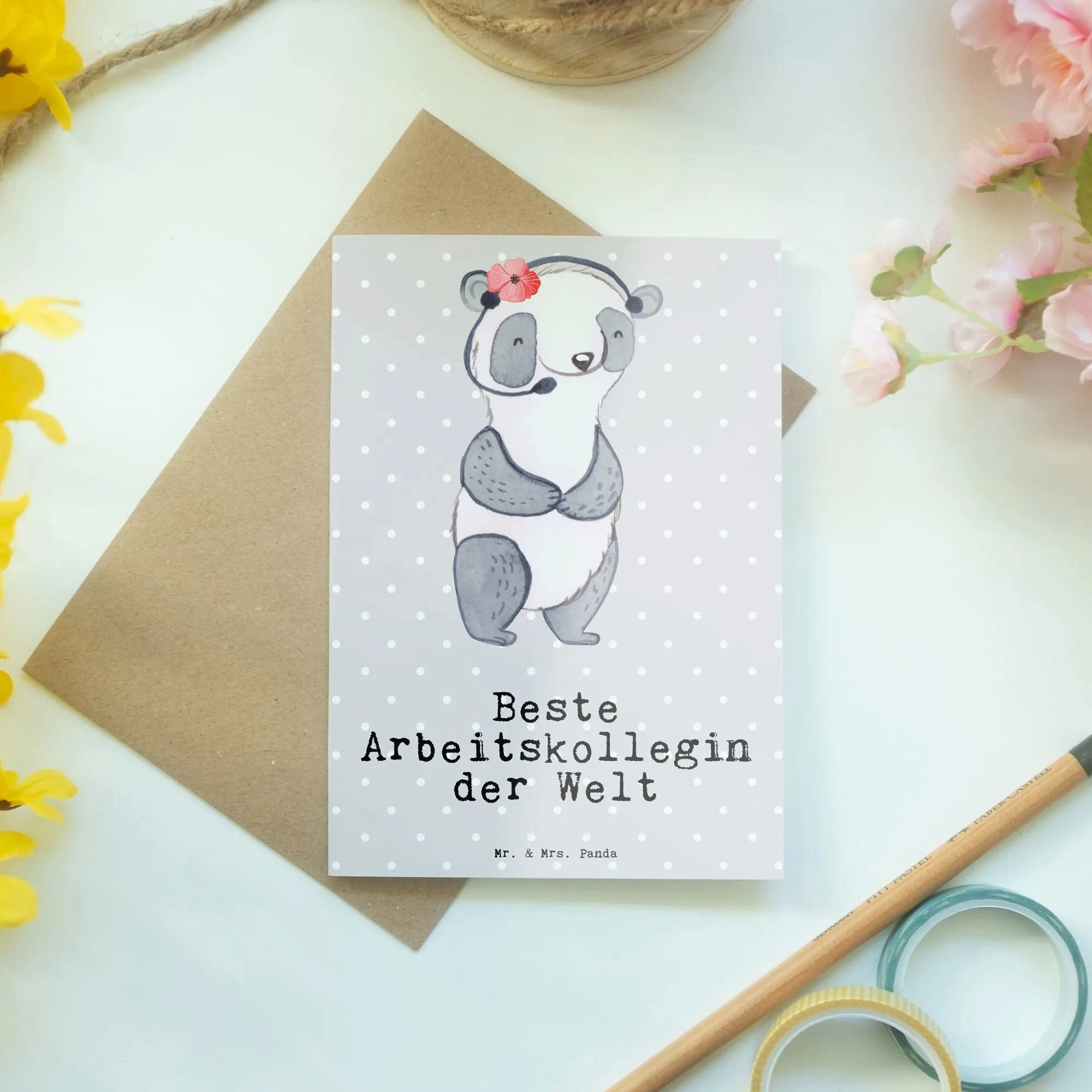 Thumbnail - Mr. & Mrs. Panda Grußkarte Panda Beste Arbeitskollegin der Welt - Grau Pastell - Geschenk, Grußk, Edler Umschlag