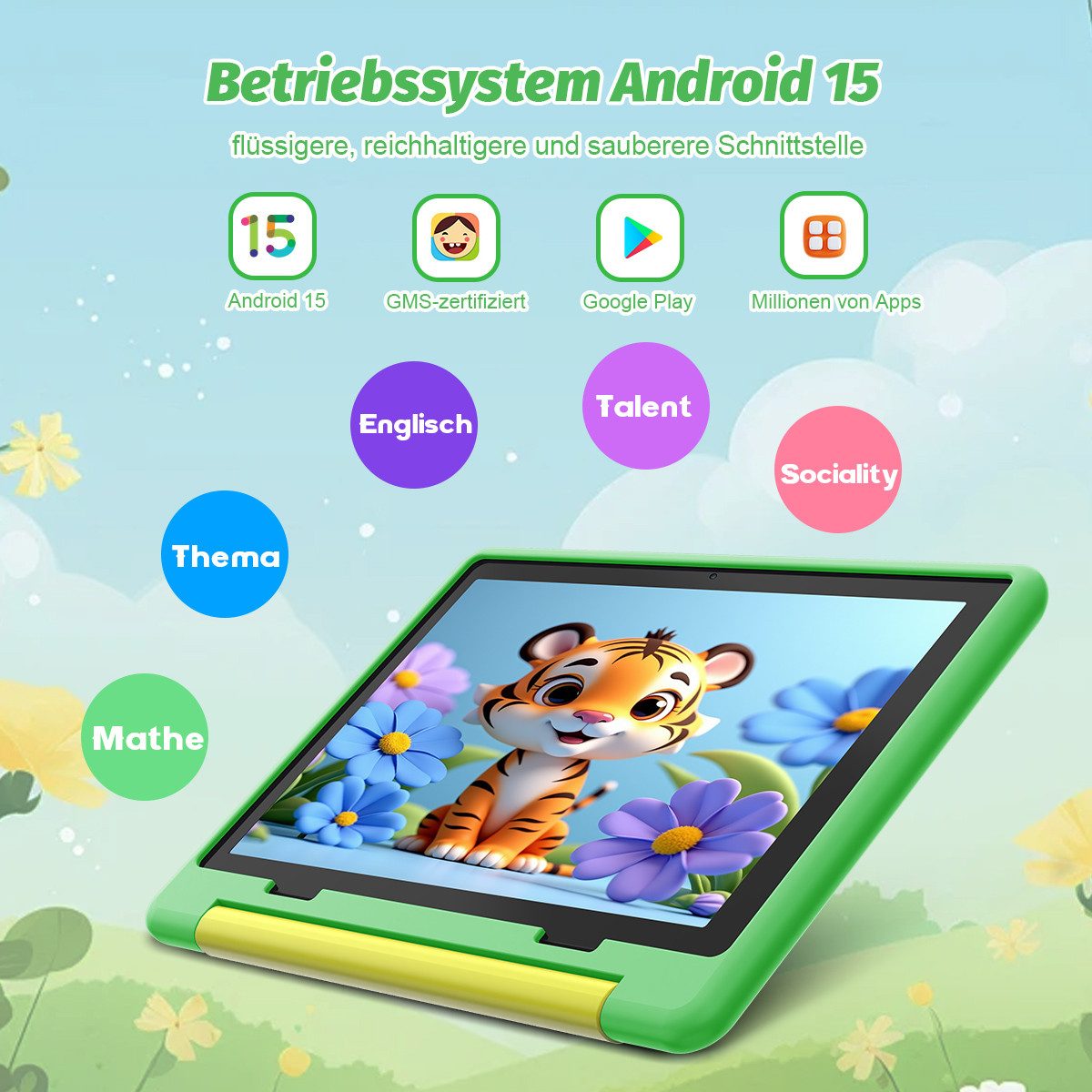 BUFO Android 15 10-Zoll, 20(3+17) GB RAM + 64 GB ROM (TF Expand 1TB) Kinder Tablet (10", 64 GB, Android 15, WiFi 6, Android 15, Elterliche Kontrolle, HD IPS 1280x800, 5000mAh)