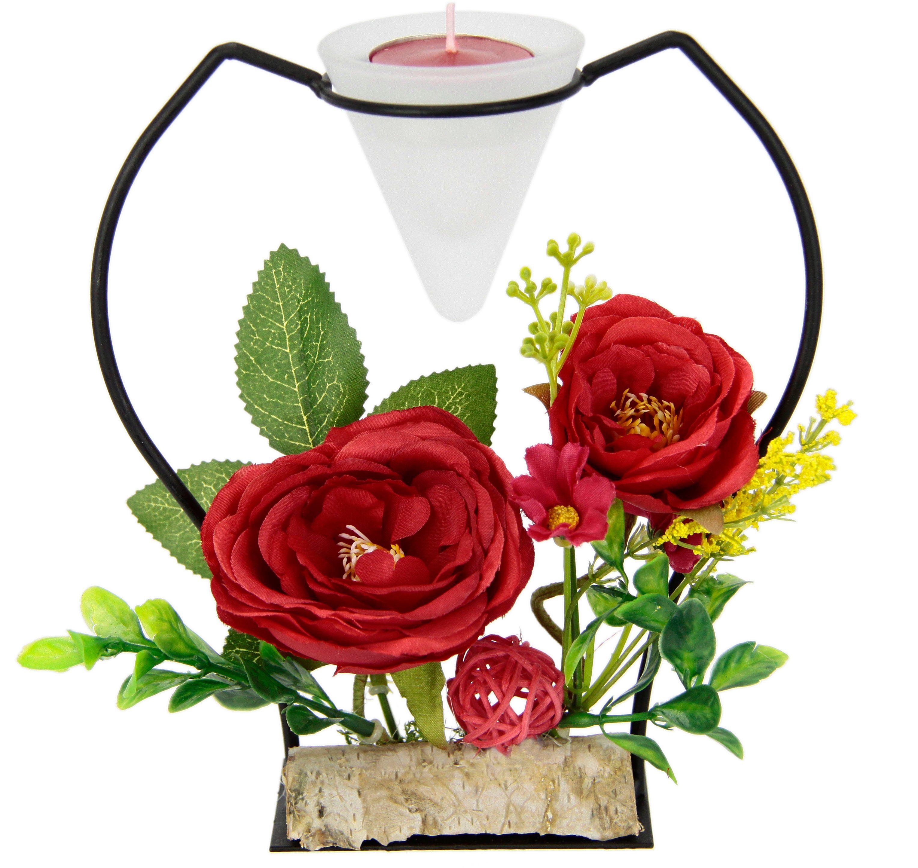 Teelichthalter rot Metall Rose, Kerzenständer I.GE.A. Teelichtkerze Kunstblumen Glaseinsatz 3D Advent