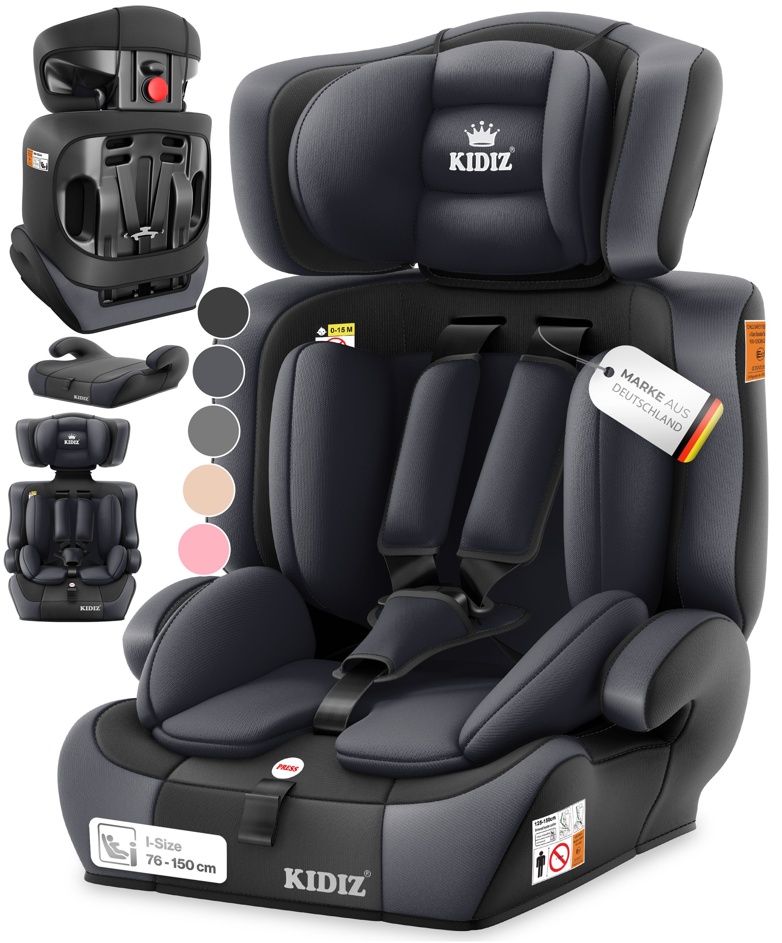KIDIZ Autokindersitz 9-36kg Körpergewicht & 76-150cm Körpergröße, wächst mit ihrem Kind, bis: 1-12 Jahre, Geprüft & Zugelassen nach ECE R 129/03