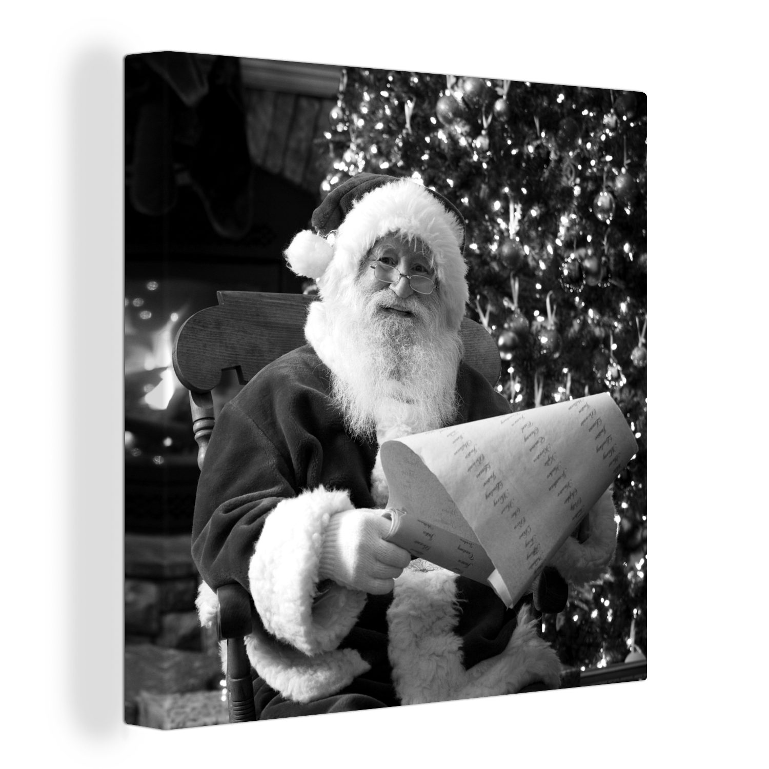 OneMillionCanvasses® Leinwandbild Der Weihnachtsmann prüft seinen Rahmen - schwarz und weiß, (1 St), Leinwand Bilder für Wohnzimmer Schlafzimmer