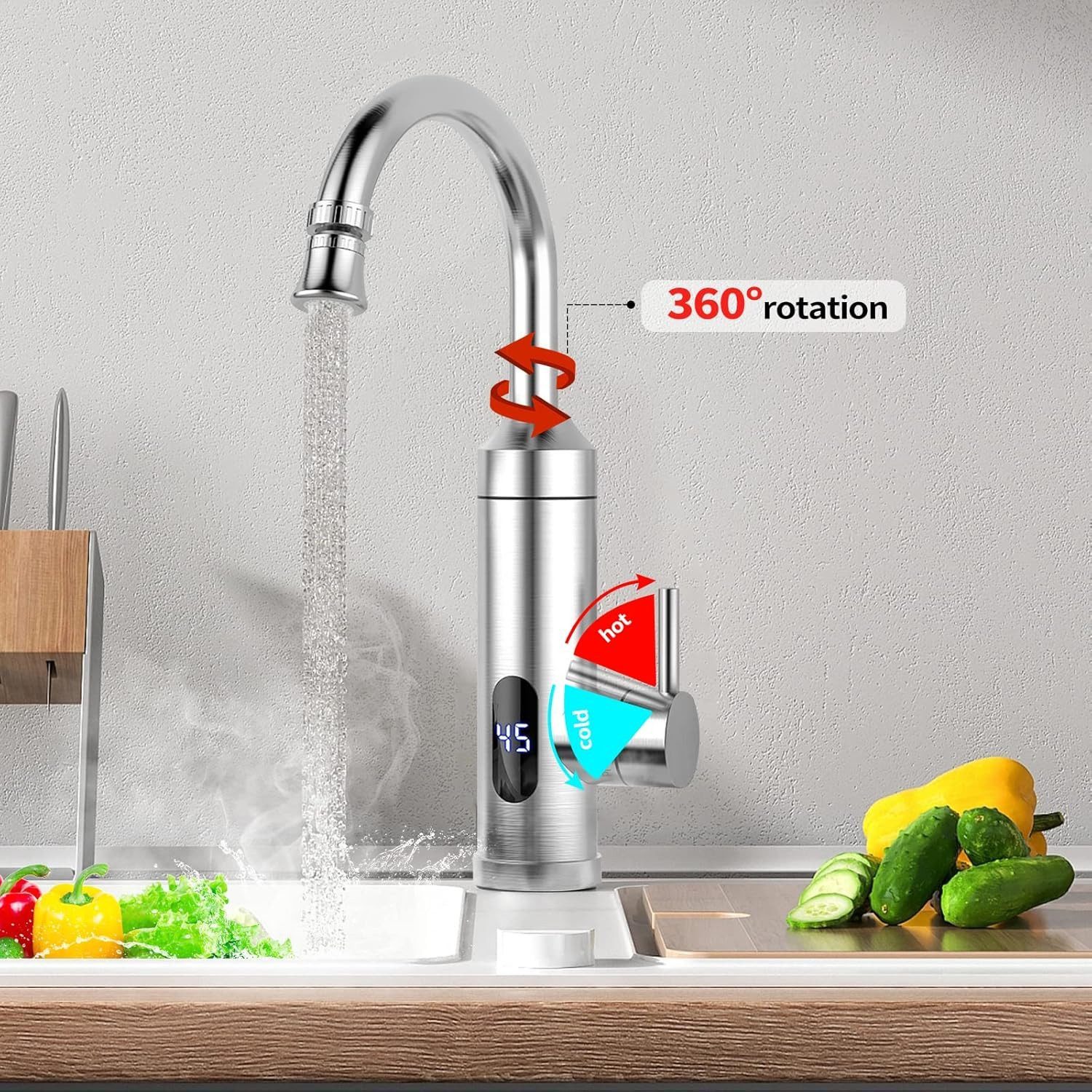 Vivitar Durchlauferhitzer 230V Küchenarmatur Edelstahl mit LED-Temperaturanzeige Küche, max. 60 °C, Kompakte Größe, ideal mobile Anwendungen wie Camping Wohnmobil., 230V Durchlauferhitzer, Wasseranschluss, Düsen, Installationszubehör., max. 60 °C, mit Edelstahlgehäuse und LED-Anzeige für Camping.