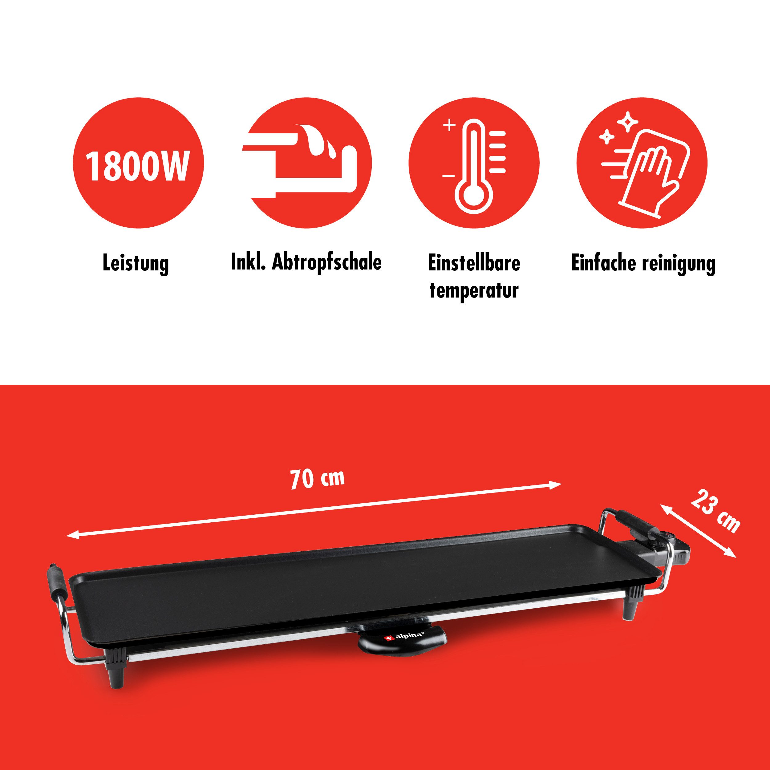 Alpina Grillplattenaufsatz alpina Teppanyaki 1800W, Stahl