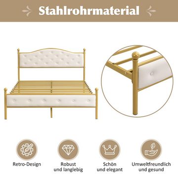 Flieks Metallbett, Doppelbett Polsterbett mit Lattenrost 140x200cm golden