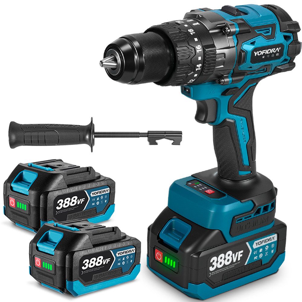 Yofidra Akku-Schlagbohrmaschine 21V Bohrschrauber mit 2x Akkus, 260 N.m Schlagbohrschrauber, max. 3200 U/min, 13 mm Metallbohrfutter, 2-Gang zum Schlagen, Bohren & Schrauben